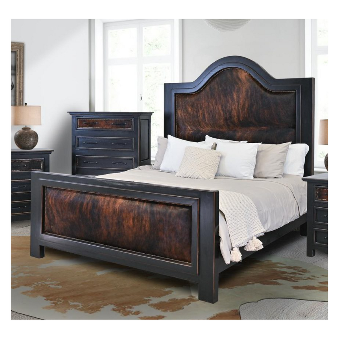 Ridge Creek Rustic Bed with Brindle Cowhide Inlays – Tall Headboard - Nailhead Trim – Western Solid Wood Bed Frame (Bed Only) | Delivery & Assembly are Included