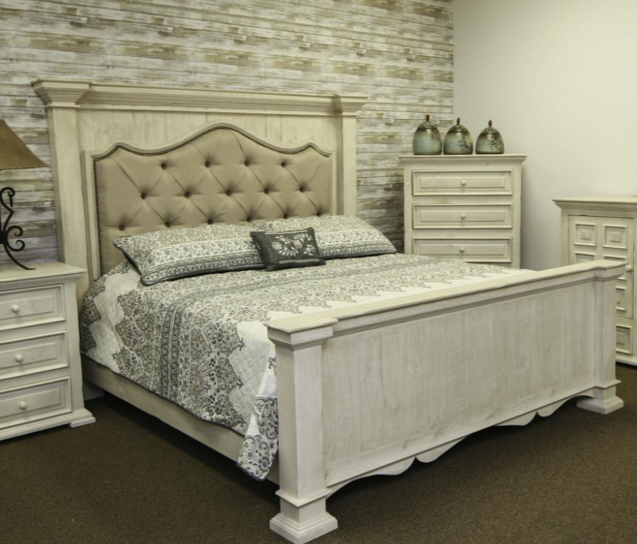 Magnolia Ridge Handcrafted White Wooden Bed | Upholstered Fabric on Headboard | Bed Only | Delivery & Assembly are Included