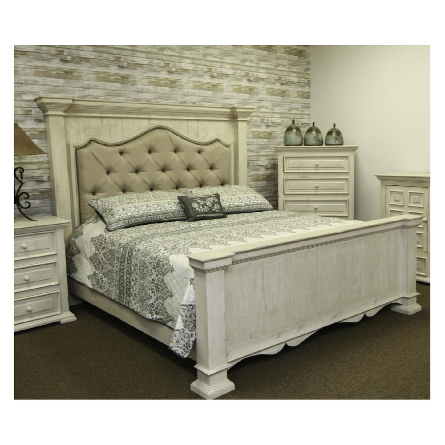 Magnolia Ridge Handcrafted White Wooden Bed | Upholstered Fabric on Headboard | Bed Only | Delivery & Assembly are Included