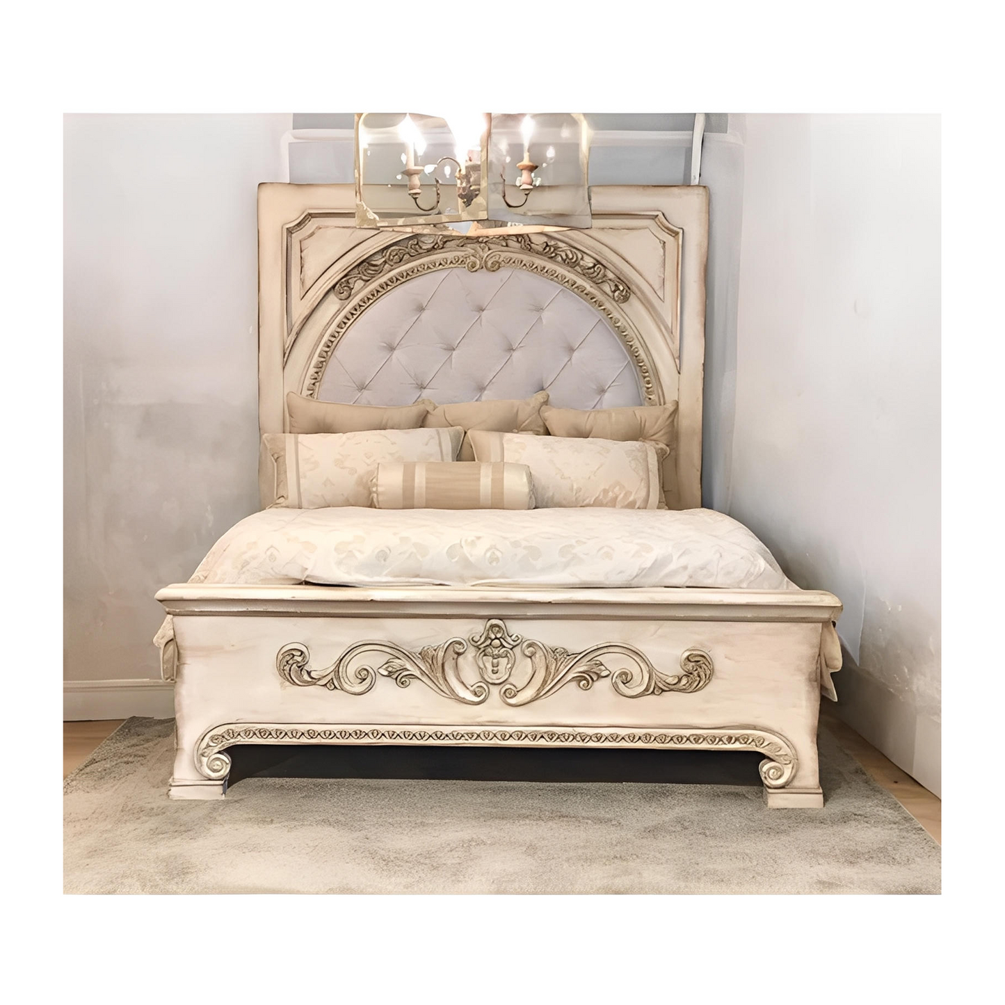 ALESSANDRA BEDROOM SET | 87" Tall | Rustic Distressed Finish | Waxed Off-White Wood | Includes Delivery and Assembly