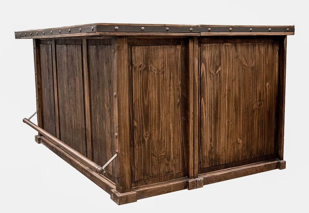 Whiskey River Handmade Wooden Home Bar with Ample Storage and Foot Rail 78x26x41" with Optional L Extension