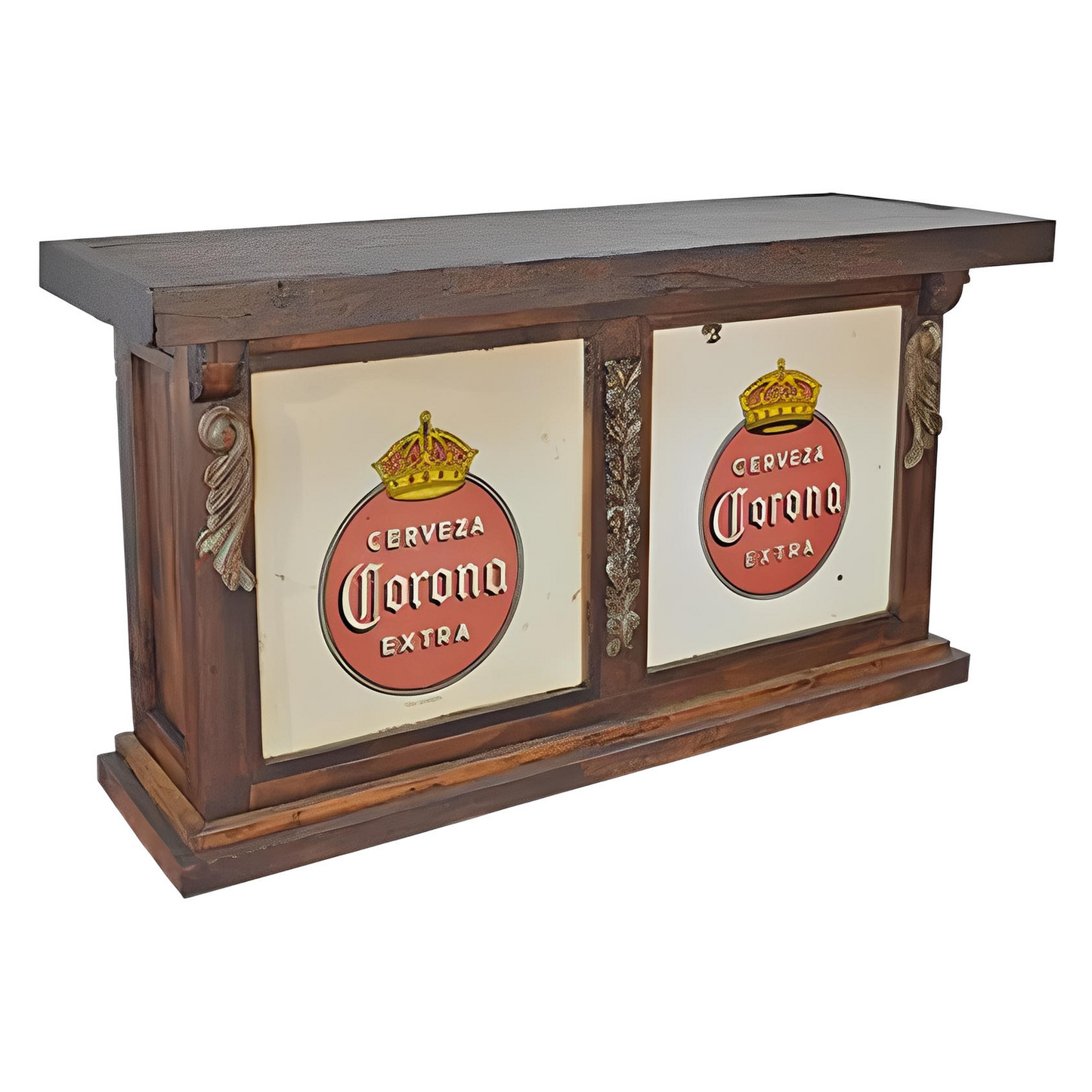 Rustic Home Bar with Vintage Corona Cerveza Panels & Distressed Wood Finish