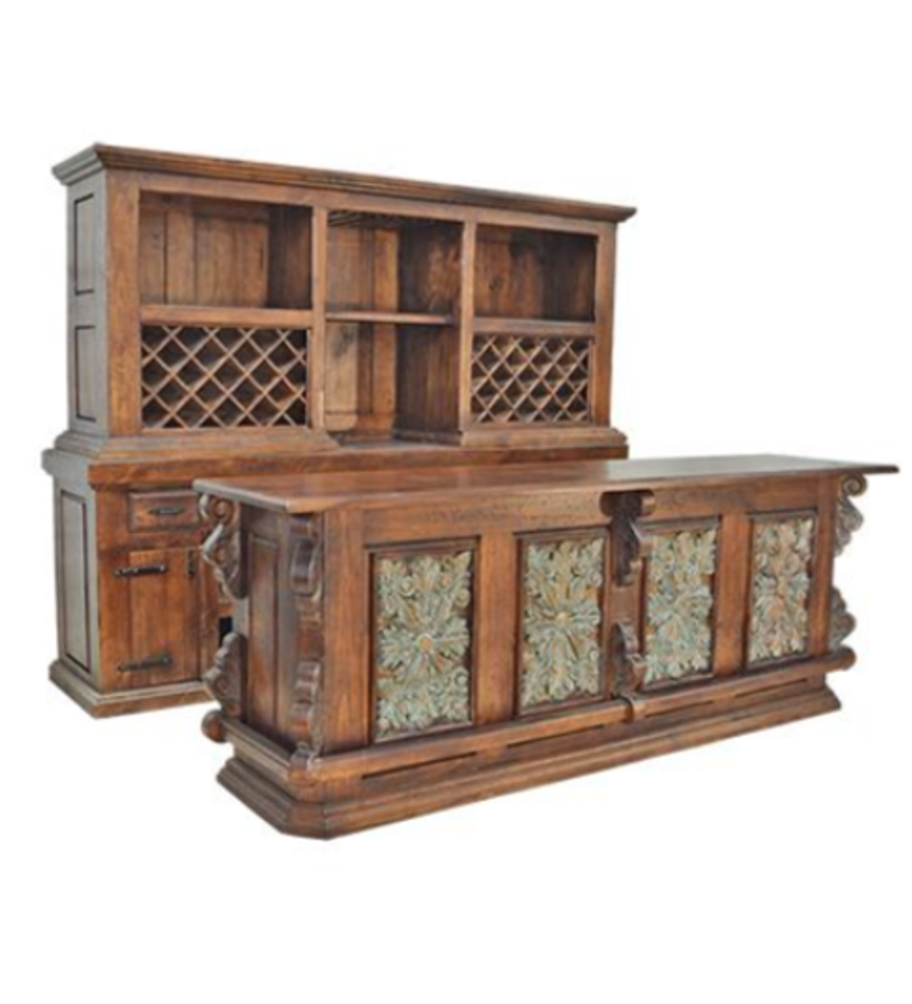 Castillo Hacienda 2-Piece Bar & Hutch Set | Turquoise Carved Panels | FREE Full Service Delivery