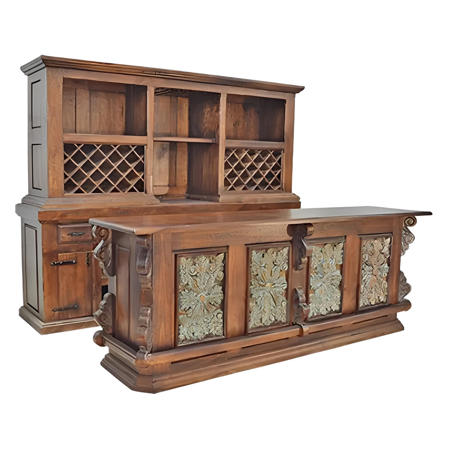 Castillo Hacienda 2-Piece Bar & Hutch Set | Turquoise Carved Panels