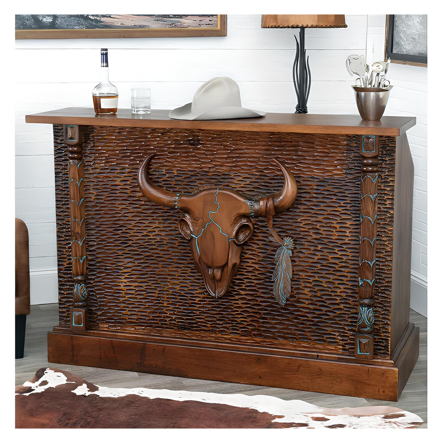 LONGHORN LEGACY BAR WITH BULL SKULL & HANGING FEATHER
