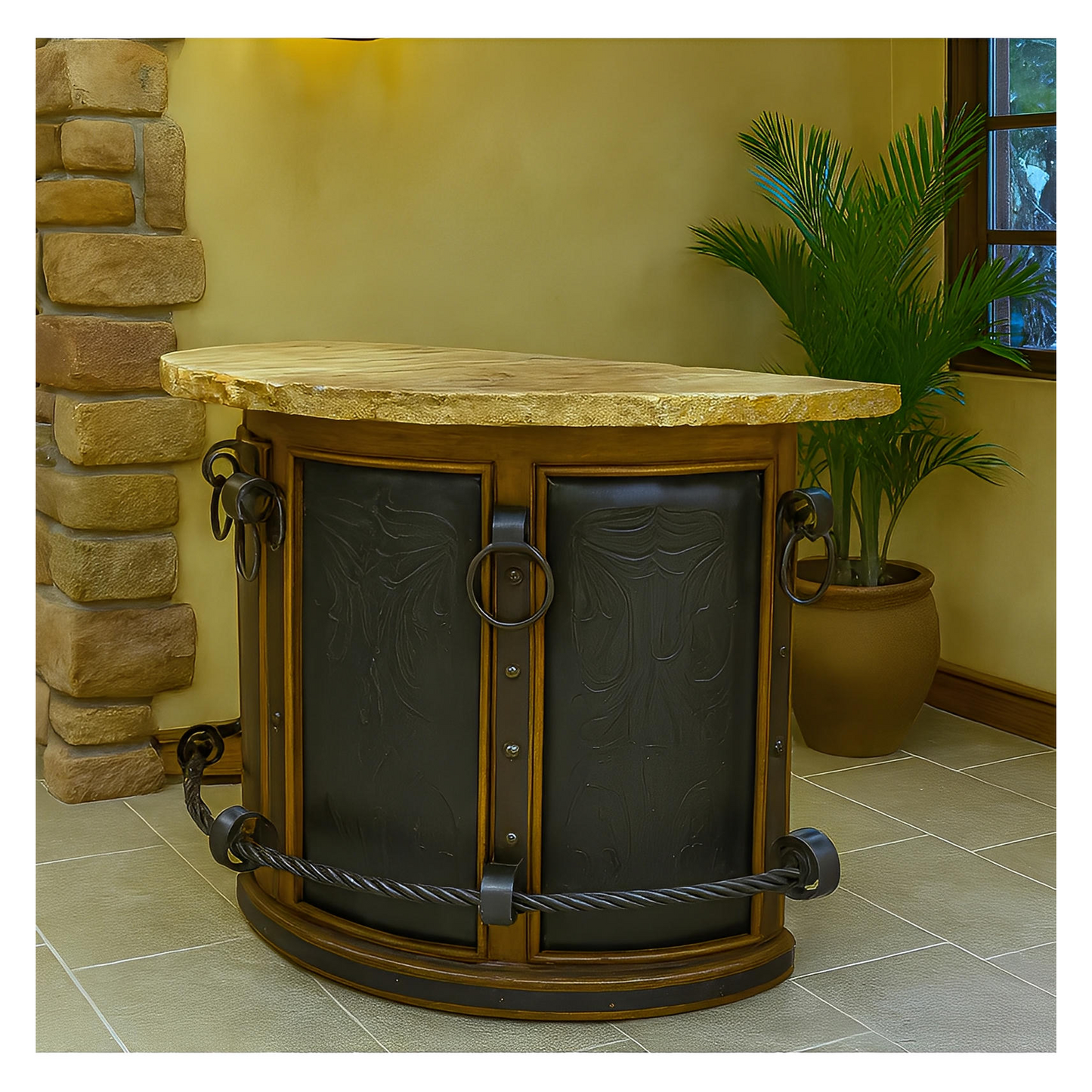 Sierra Stone Half-Round Curved Home Bar with Forged Iron Accents & Leather Panels