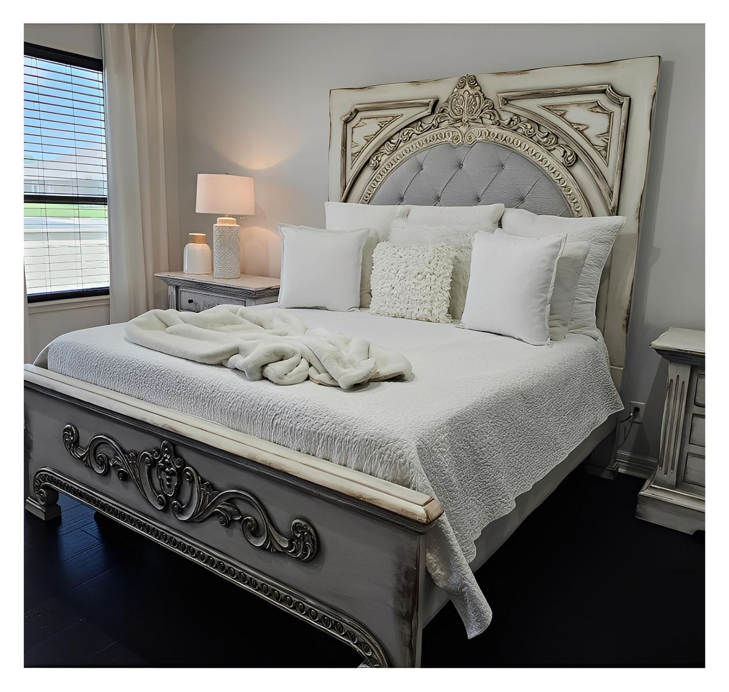 ALESSANDRA BEDROOM SET | 87" Tall | Rustic Distressed Finish | Waxed Off-White Wood | Includes Delivery and Assembly