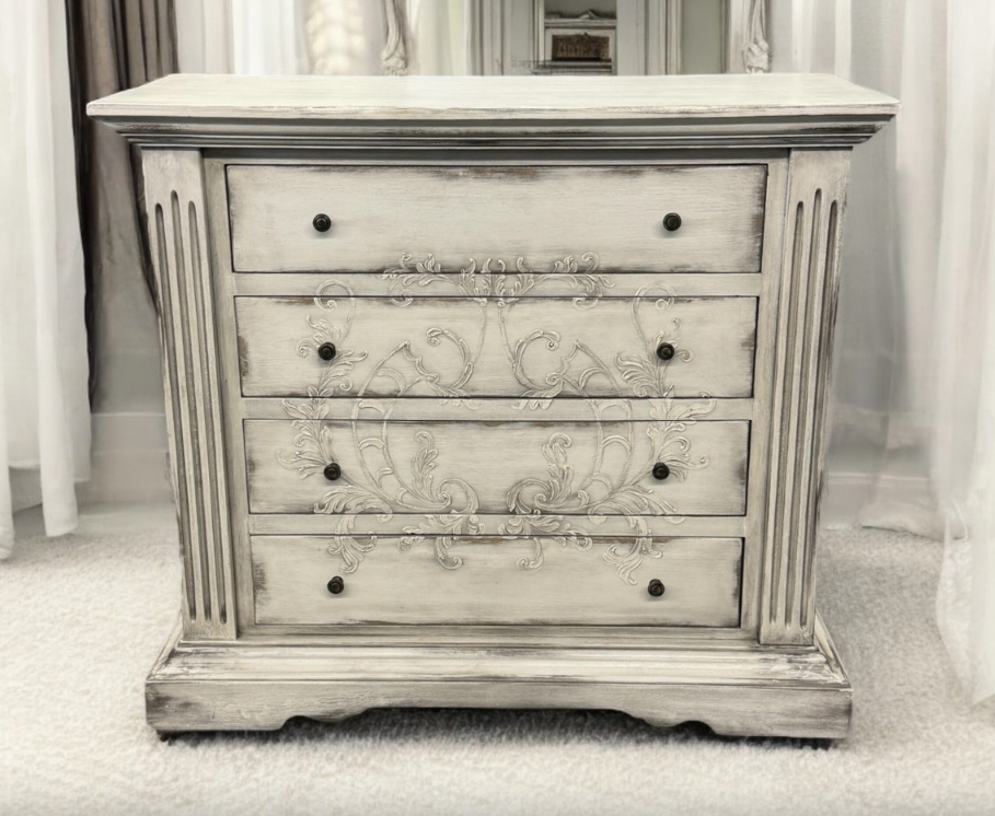 ALESSANDRA BEDROOM SET | 87" Tall | Rustic Distressed Finish | Waxed Off-White Wood | Includes Delivery and Assembly
