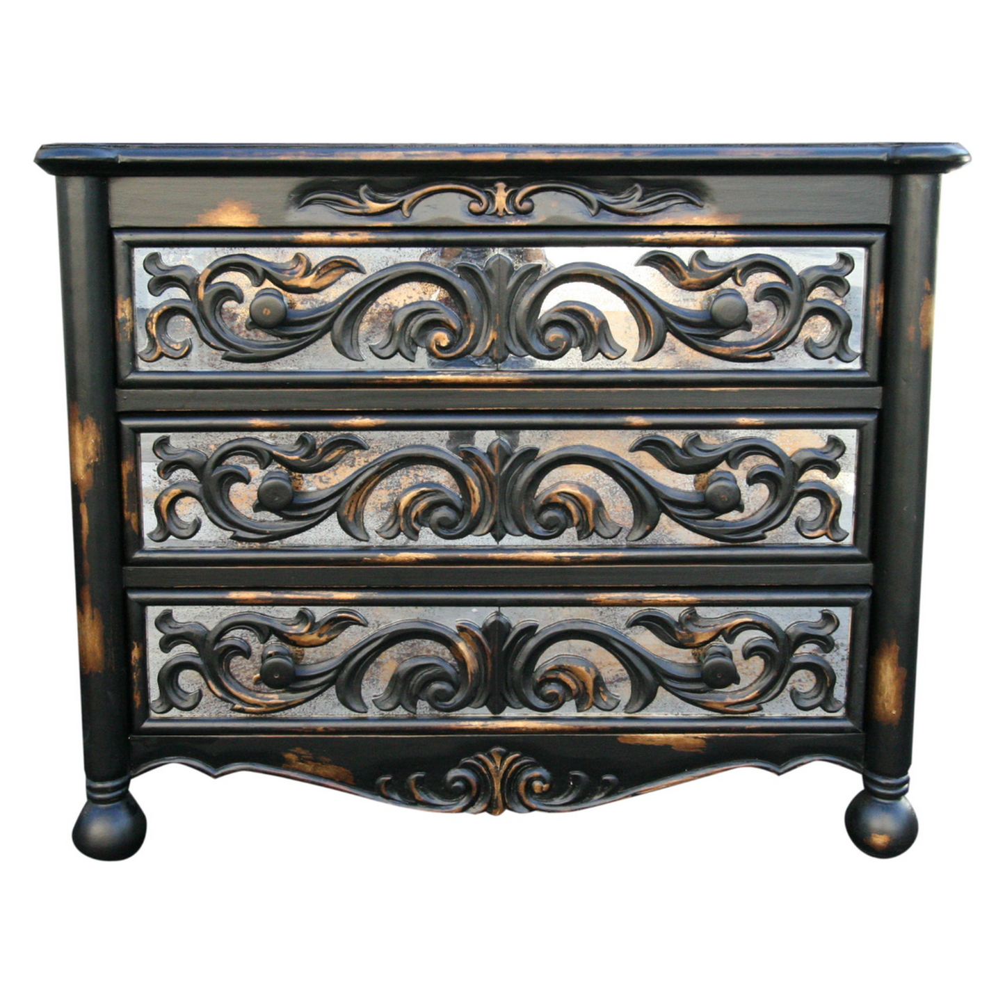 Poitiers Bedroom Set - Dark Hand-Carved Wood - Gold Antique Mirror