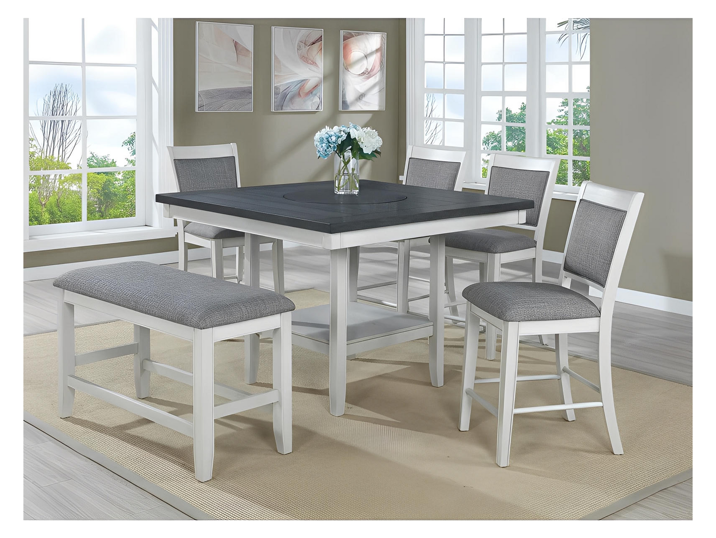Fulton 6-PC Counter Ht Chalk Gray Dining Set | 1) Table, 4) Chairs, 1) Bench