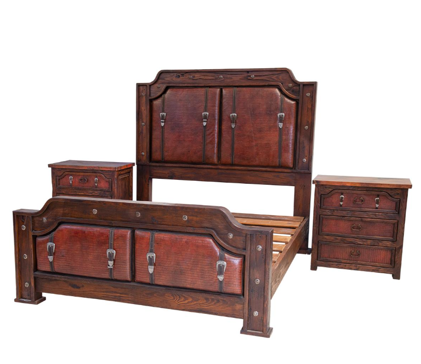 Sierra Saddle Dark Walnut Bedroom Set (5-Piece) With Dark Red Crocodile Print Leather & Strap Accents, Hand-Carved - Includes Full Service Delivery