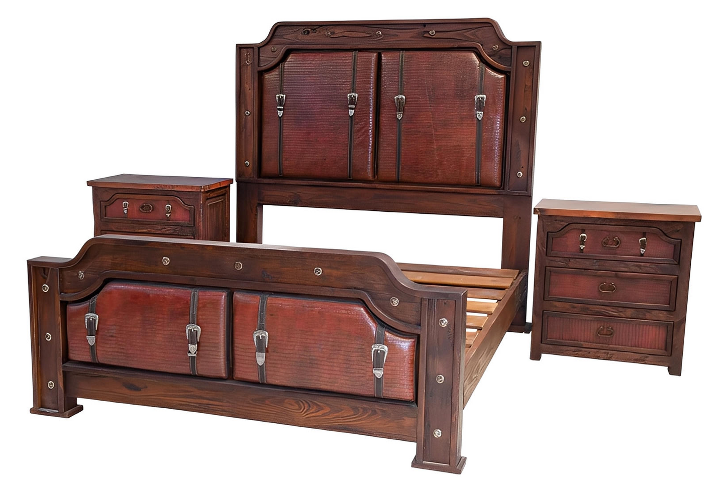 Sierra Saddle Dark Walnut Bedroom Set (5-Piece) With Dark Red Crocodile Print Leather & Strap Accents, Hand-Carved - Includes Full Service Delivery