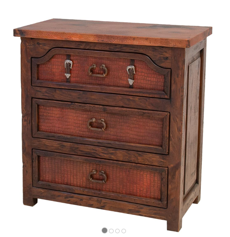 Sierra Saddle Dark Walnut Bedroom Set (5-Piece) With Dark Red Crocodile Print Leather & Strap Accents, Hand-Carved - Includes Full Service Delivery