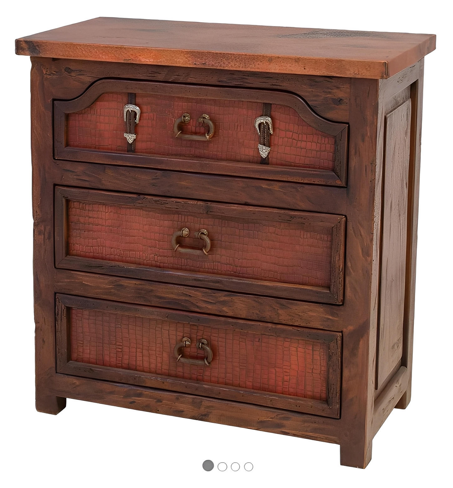 Sierra Saddle Dark Walnut Bedroom Set (5-Piece) With Dark Red Crocodile Print Leather & Strap Accents, Hand-Carved - Includes Full Service Delivery