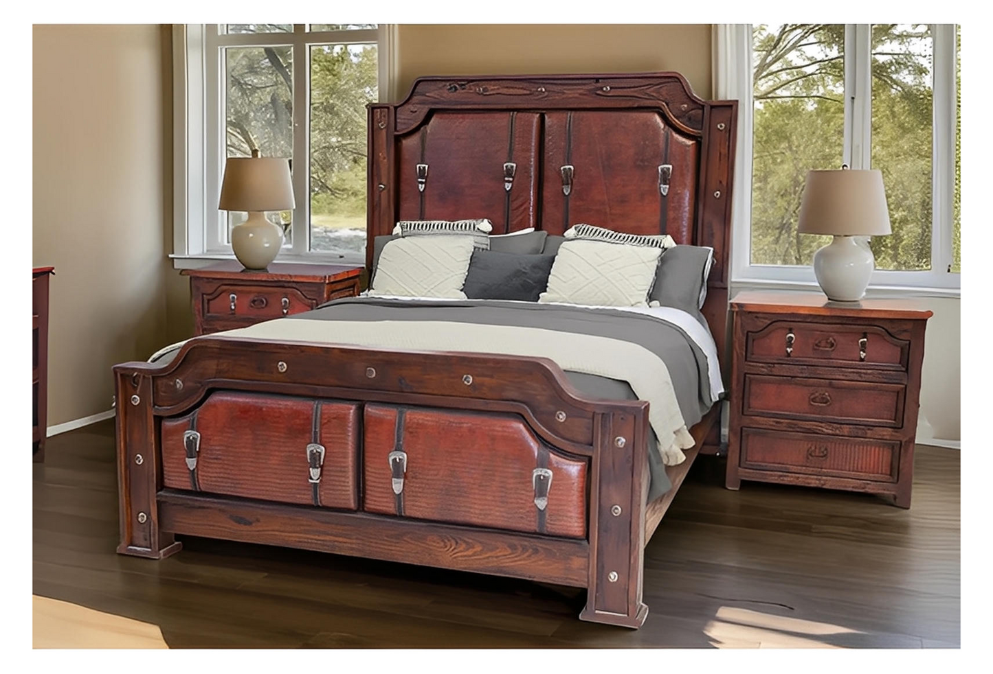 Sierra Saddle Dark Walnut Bedroom Set (5-Piece) With Dark Red Crocodile Print Leather & Strap Accents, Hand-Carved - Includes Full Service Delivery