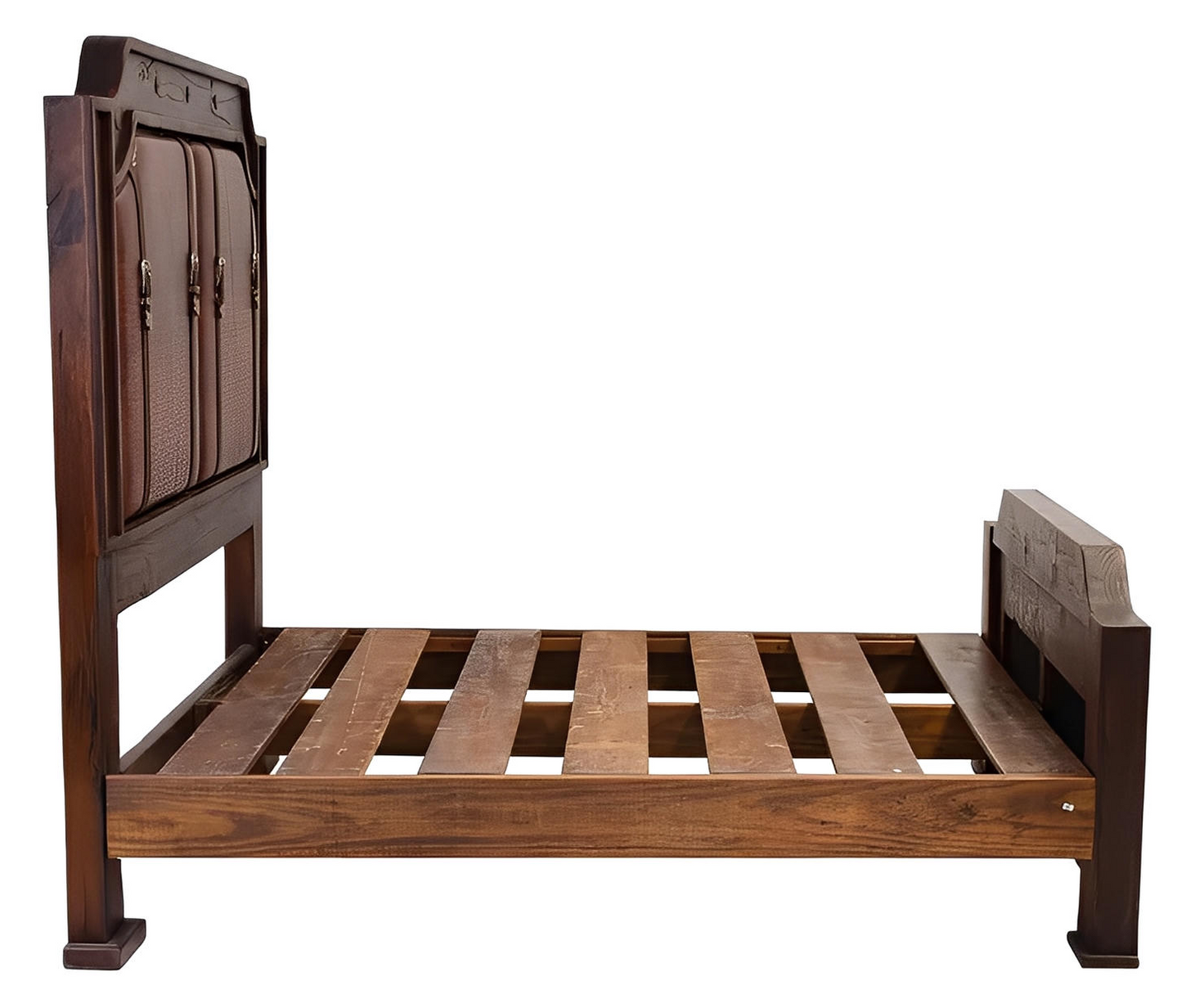 Sierra Saddle Dark Walnut Bedroom Set (5-Piece) With Dark Red Crocodile Print Leather & Strap Accents, Hand-Carved - Includes Full Service Delivery