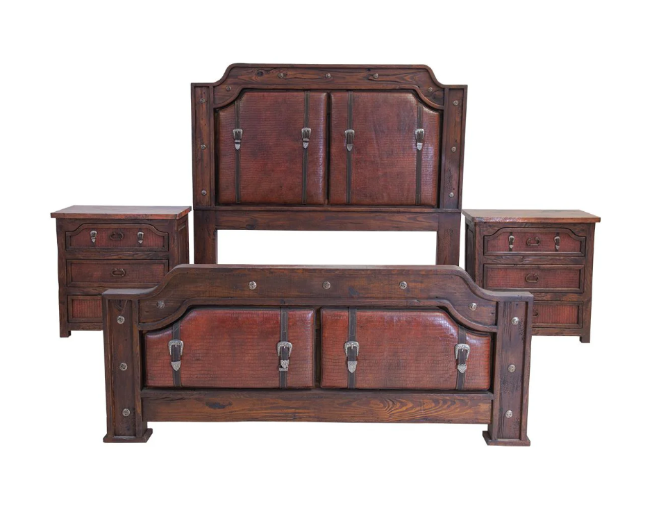 Sierra Saddle Dark Walnut Bedroom Set (5-Piece) With Dark Red Crocodile Print Leather & Strap Accents, Hand-Carved - Includes Full Service Delivery