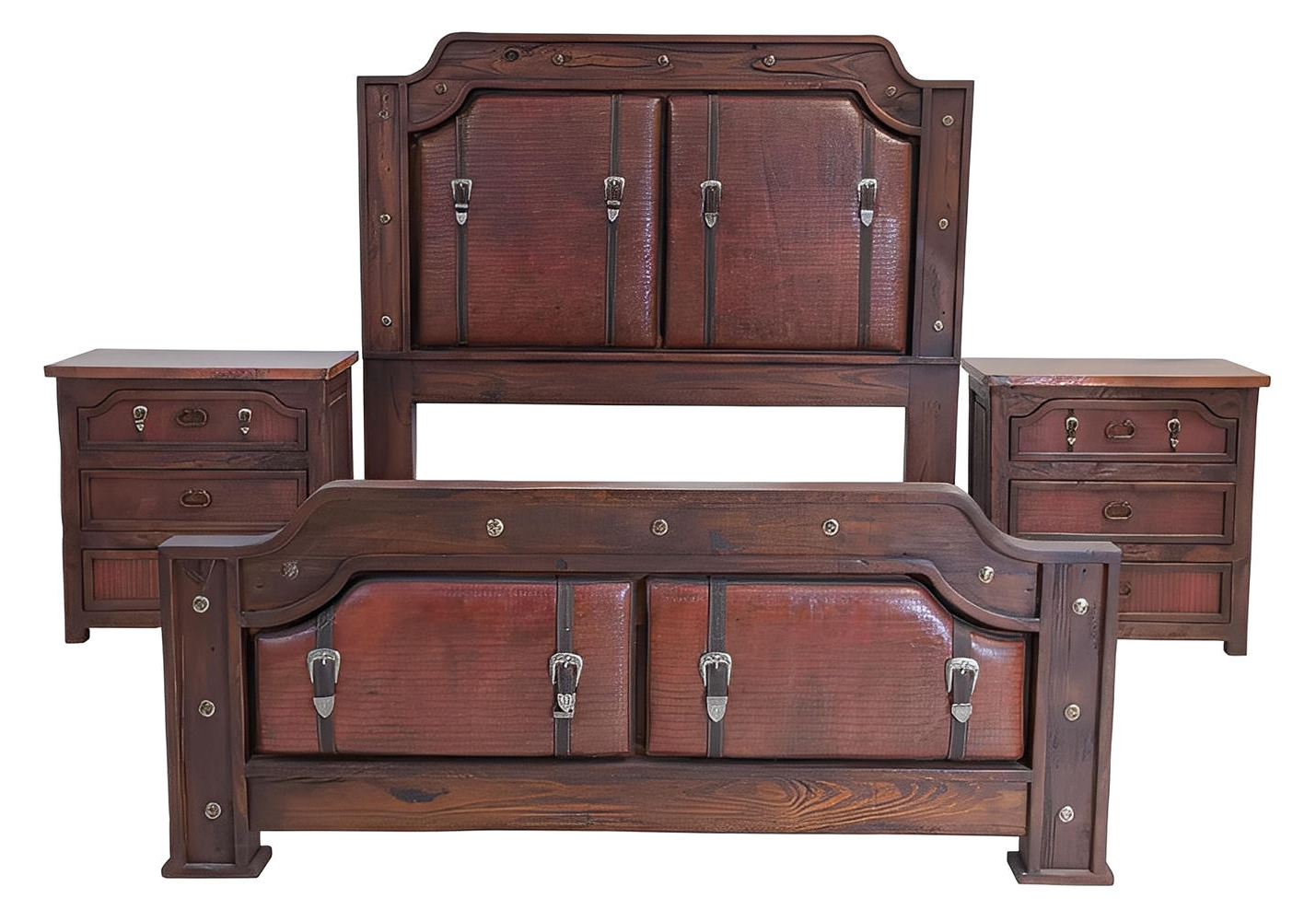 Sierra Saddle Dark Walnut Bedroom Set (5-Piece) With Dark Red Crocodile Print Leather & Strap Accents, Hand-Carved - Includes Full Service Delivery