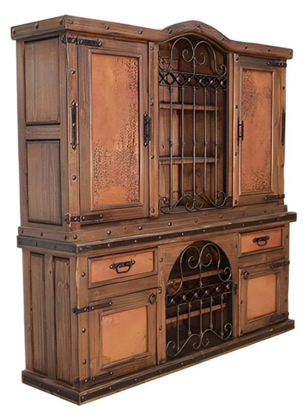 Long Canyon Grid Door Copper Hutch With Wine Rack Vitrina (Includes Top And Bottom)