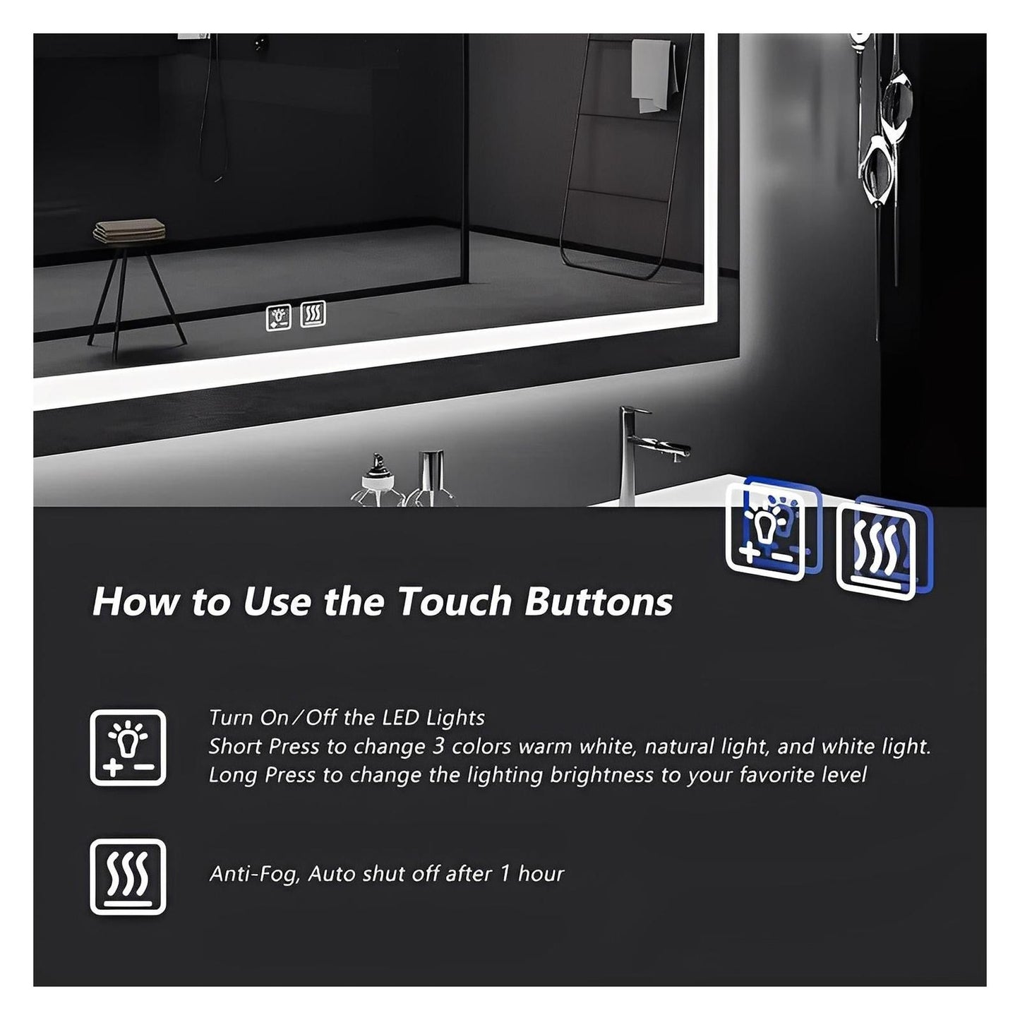 Center Glow and Backlit LED Bathroom Mirror (40 to 50 in) - Adjustable Brightness and Color Temperature - Anti-Fog