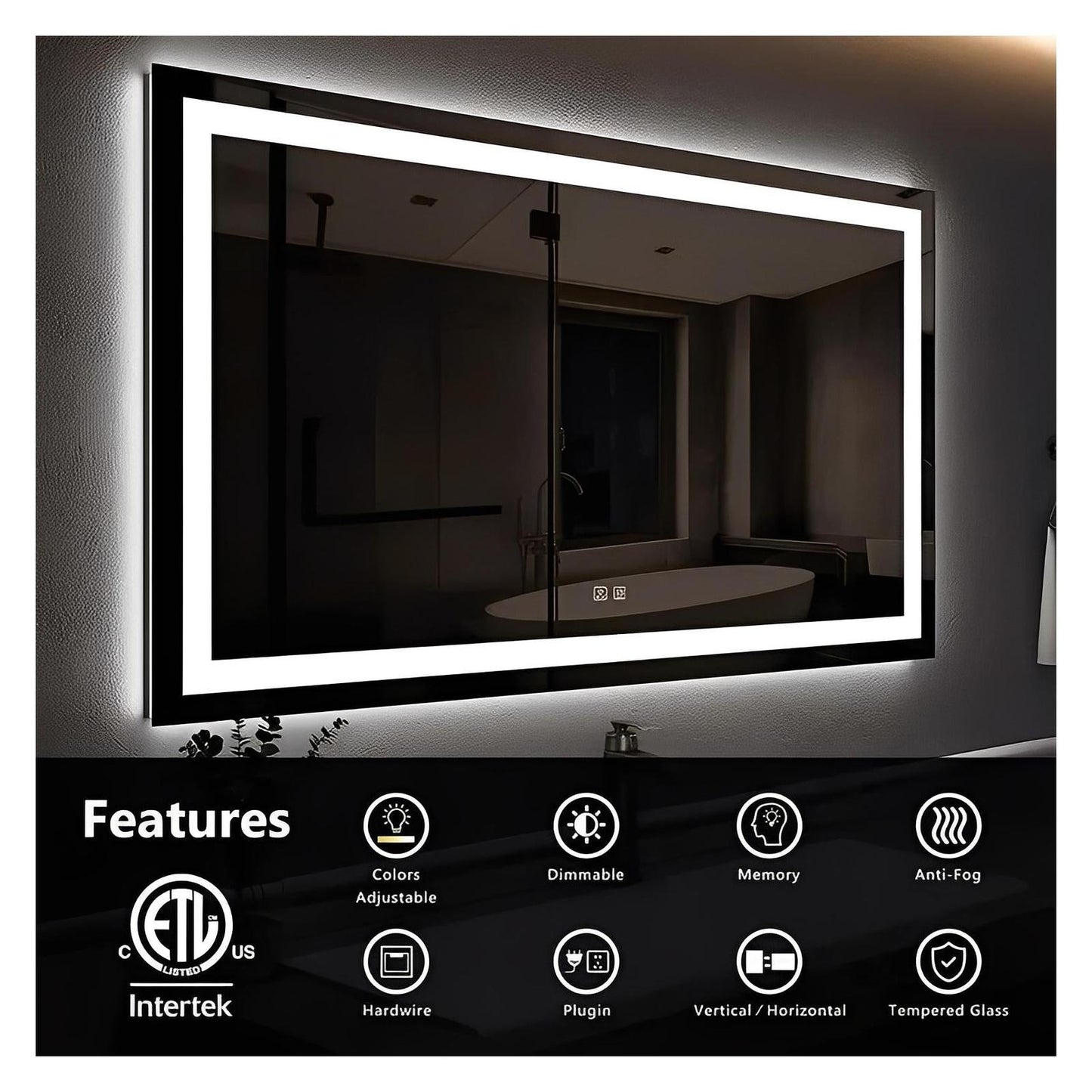Center Glow and Backlit LED Bathroom Mirror (40 to 50 in) - Adjustable Brightness and Color Temperature - Anti-Fog