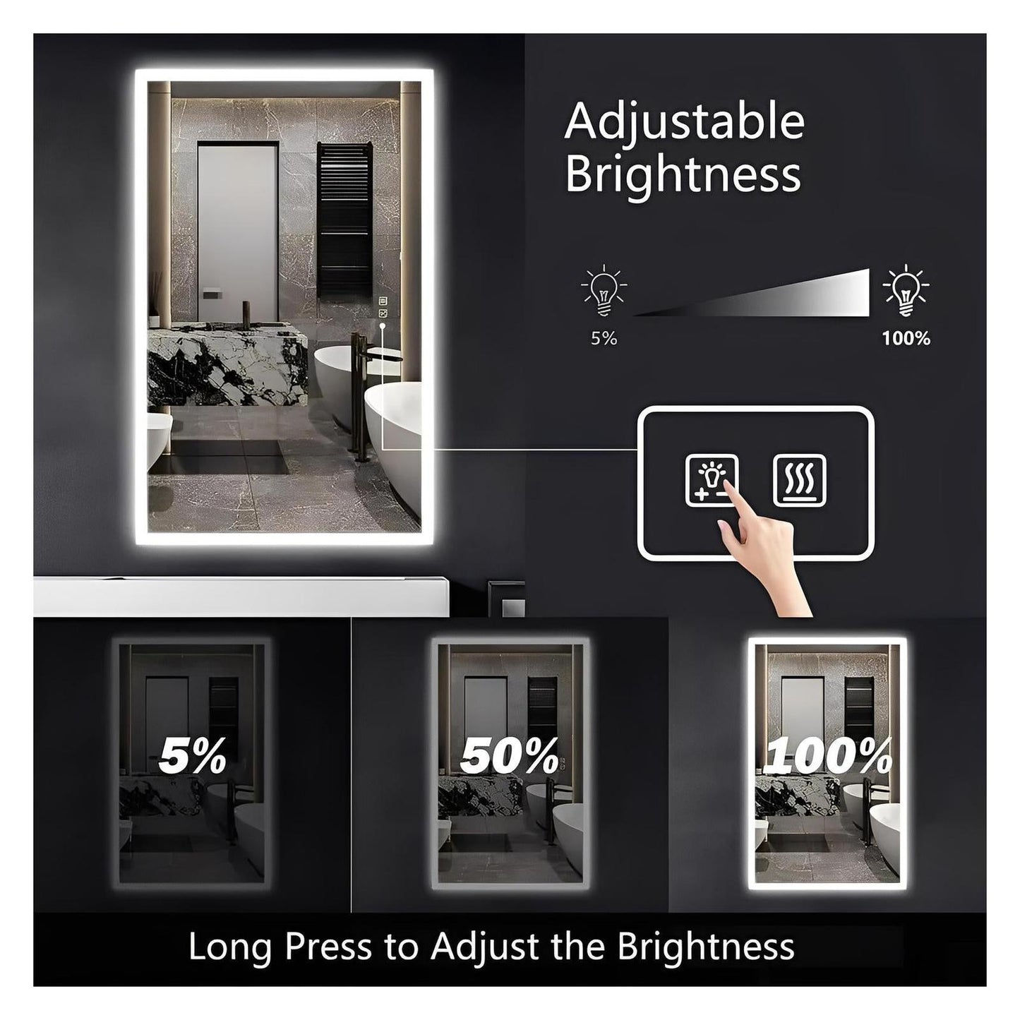 Standard Edge Glow LED Bathroom Mirror (40-50 in) - Adjustable Color & Temperature - Anti-Fog