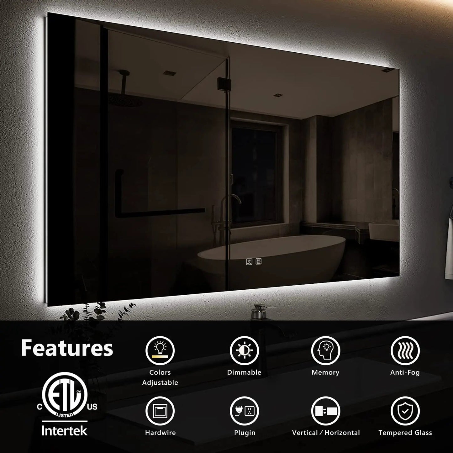 Standard Sleek Backlit LED Bathroom Mirror (40-50 in) - Adjustable Color & Temperature - Anti-Fog