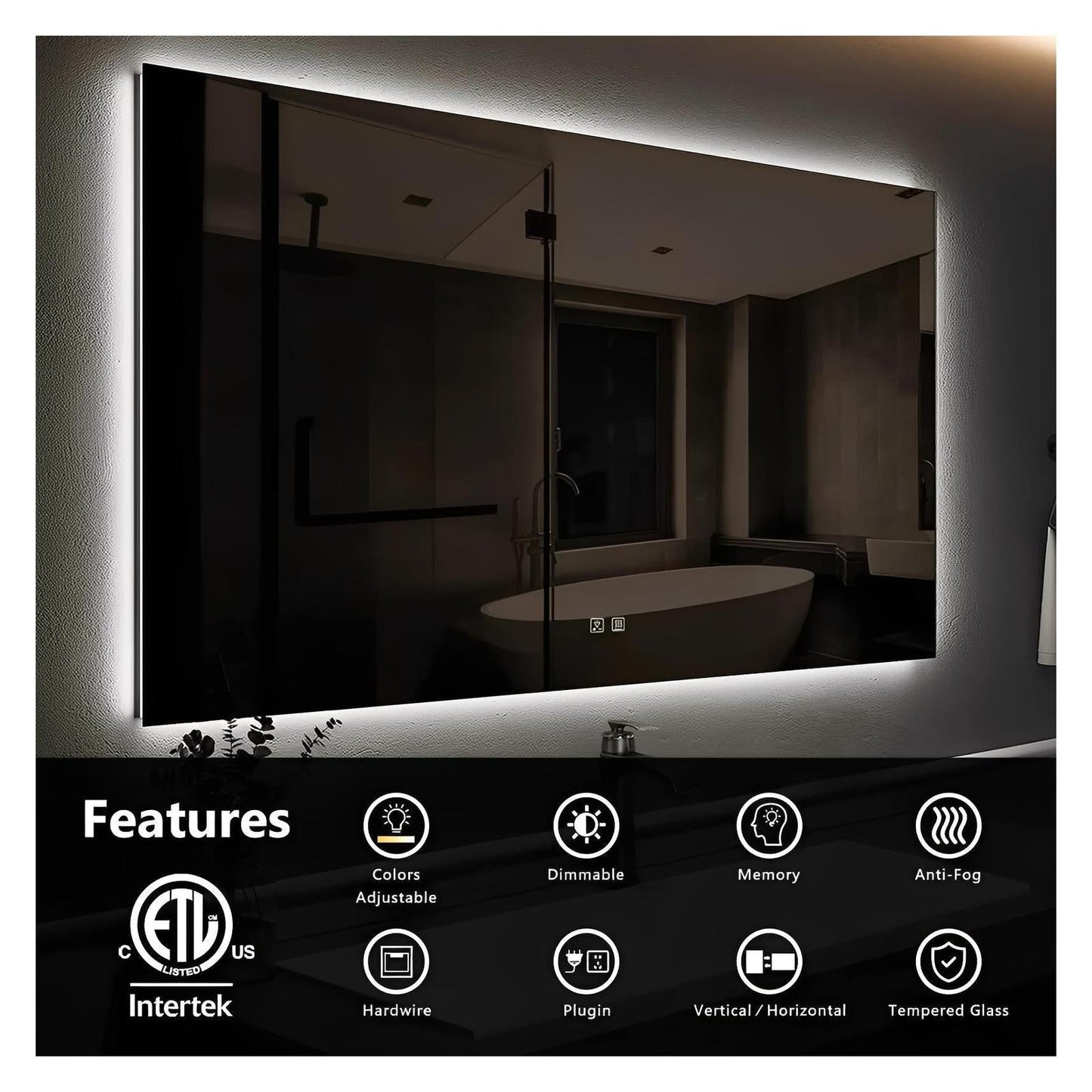 Standard Sleek Backlit LED Bathroom Mirror (40-50 in) - Adjustable Color & Temperature - Anti-Fog