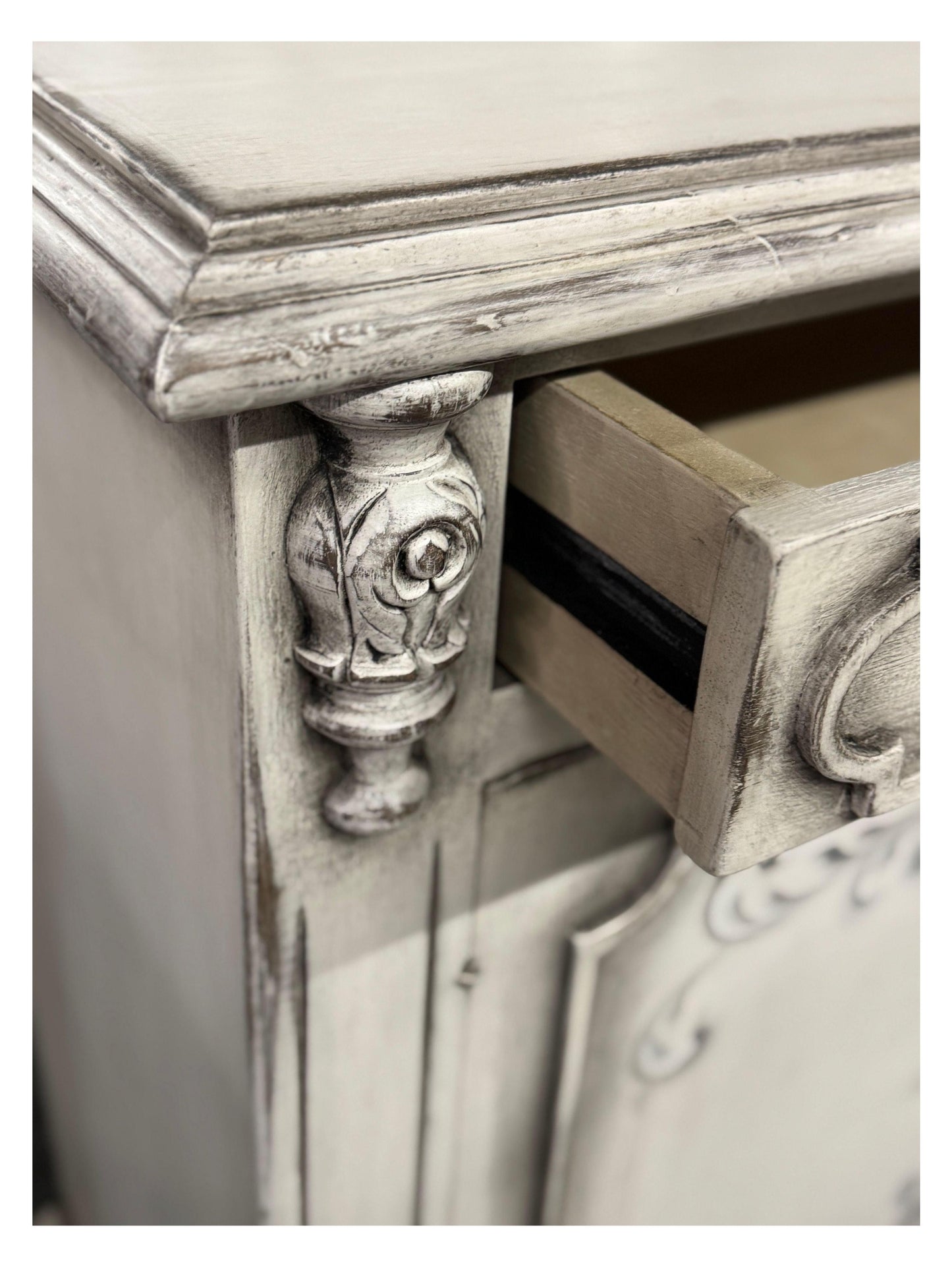 Marcilly-sur-Maulne Antique White Dining Room Buffet Table, Distressed Wood - 17.5 x 77.5 x 41.5