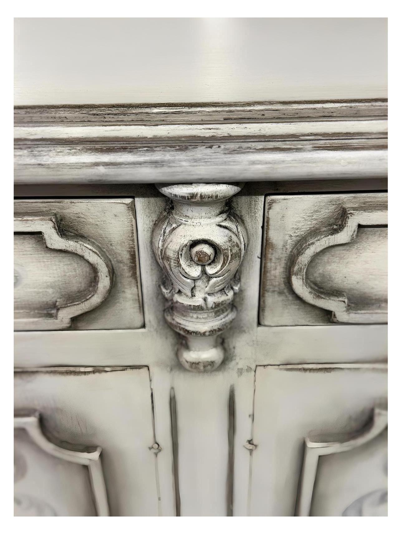 Marcilly-sur-Maulne Antique White Dining Room Buffet Table, Distressed Wood - 17.5 x 77.5 x 41.5