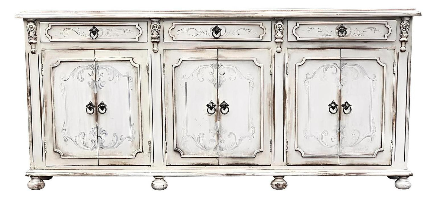 Chambord Ivory Distressed Dining Room Buffet Table 13 x 90 x 41, European Vintage Charm