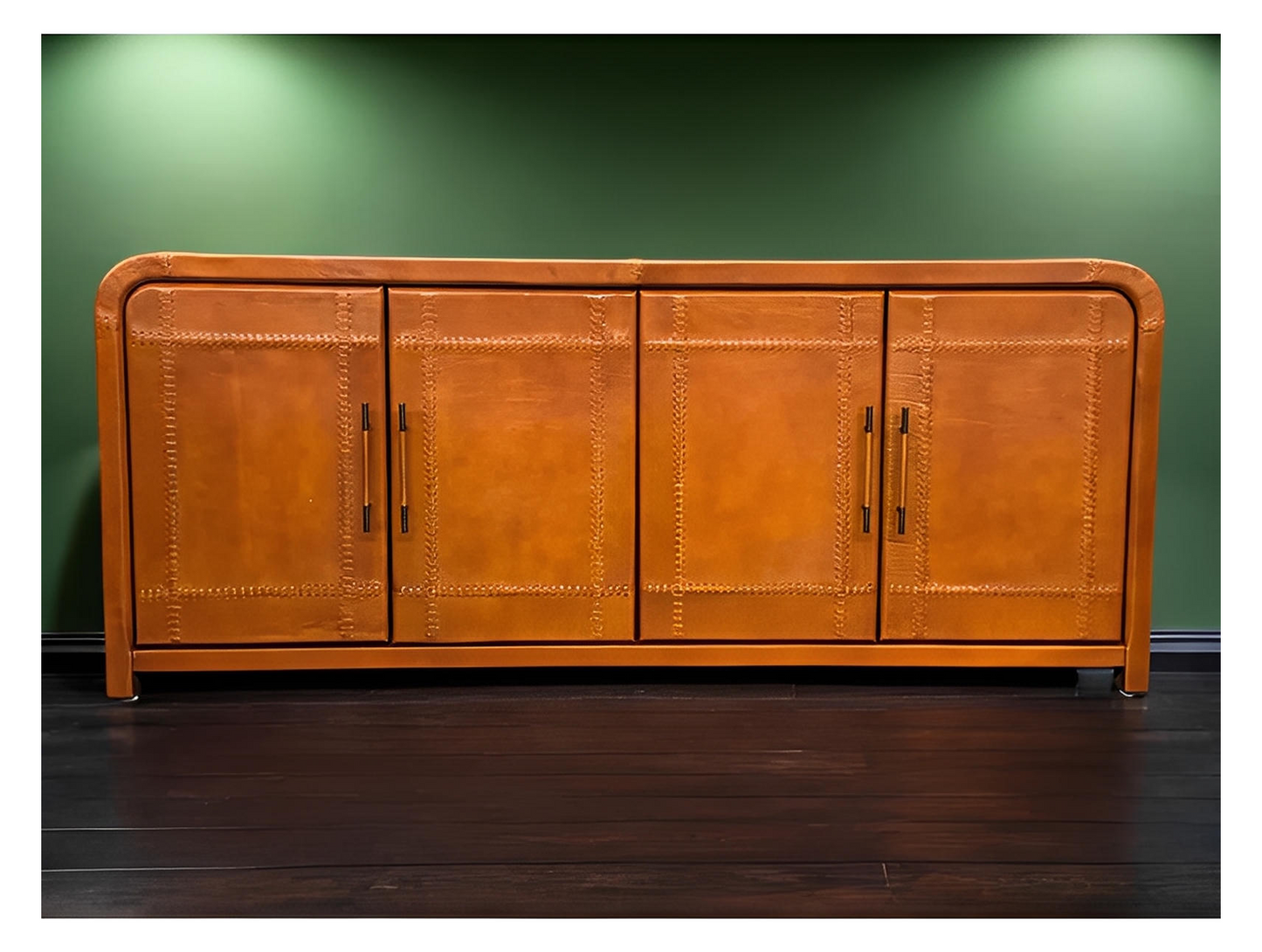 Villesavin Cognac Leather Handcrafted Dining Room Buffet Table - 19 x 78 x 33