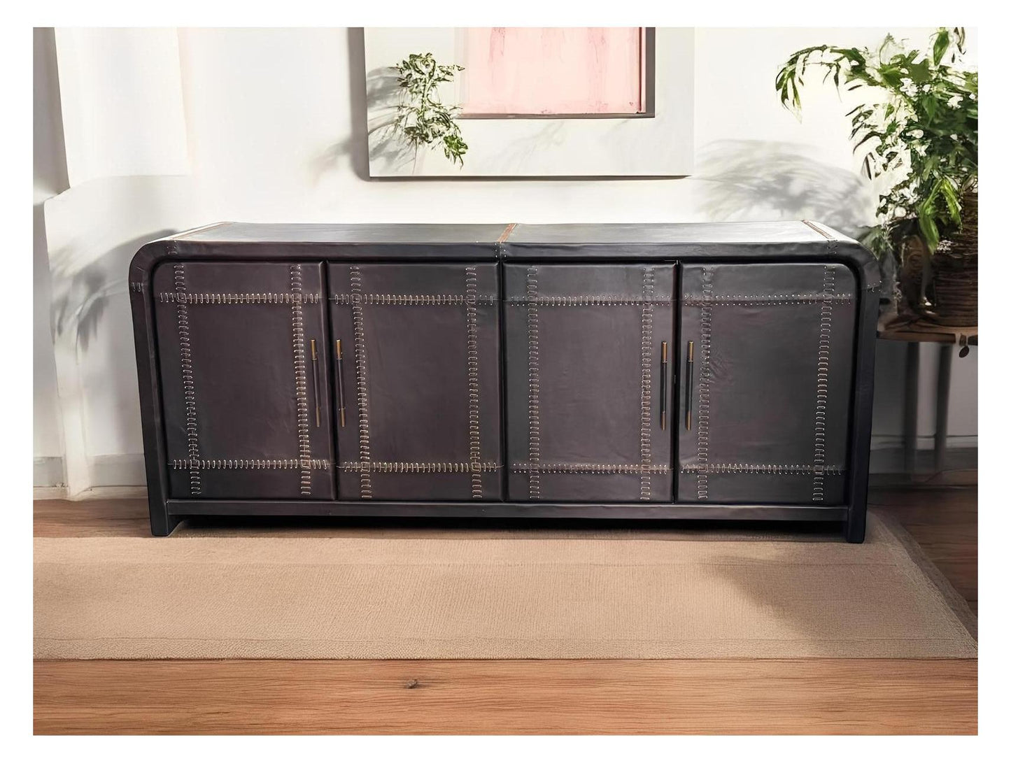 Boisgibault Lux Leather Dining Room Sideboard Buffet With Studded Panels, 19 x 78 x 33
