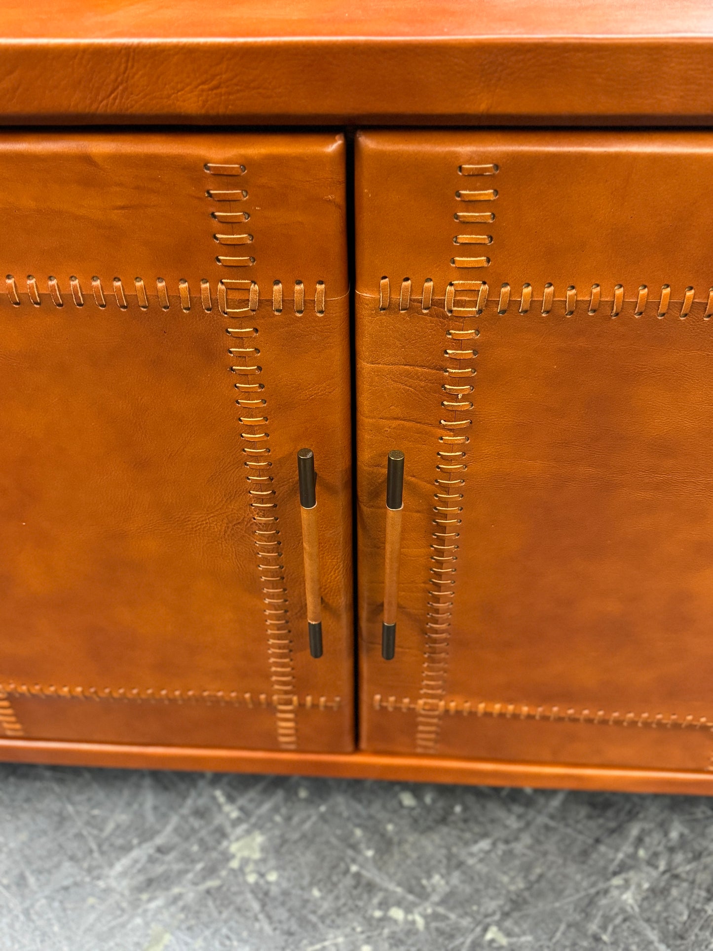 Villesavin Cognac Leather Handcrafted Dining Room Buffet Table - 19 x 78 x 33