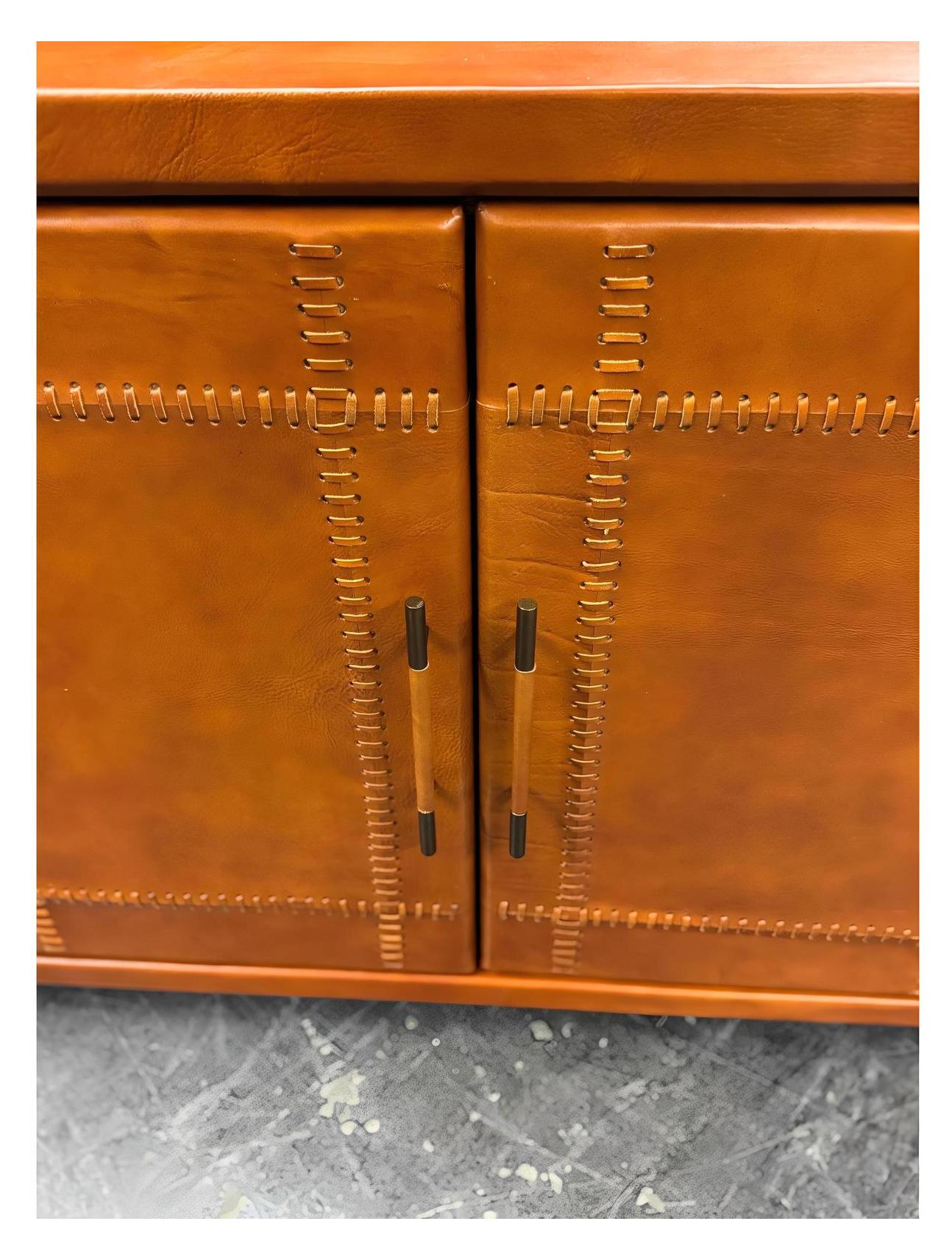 Villesavin Cognac Leather Handcrafted Dining Room Buffet Table - 19 x 78 x 33