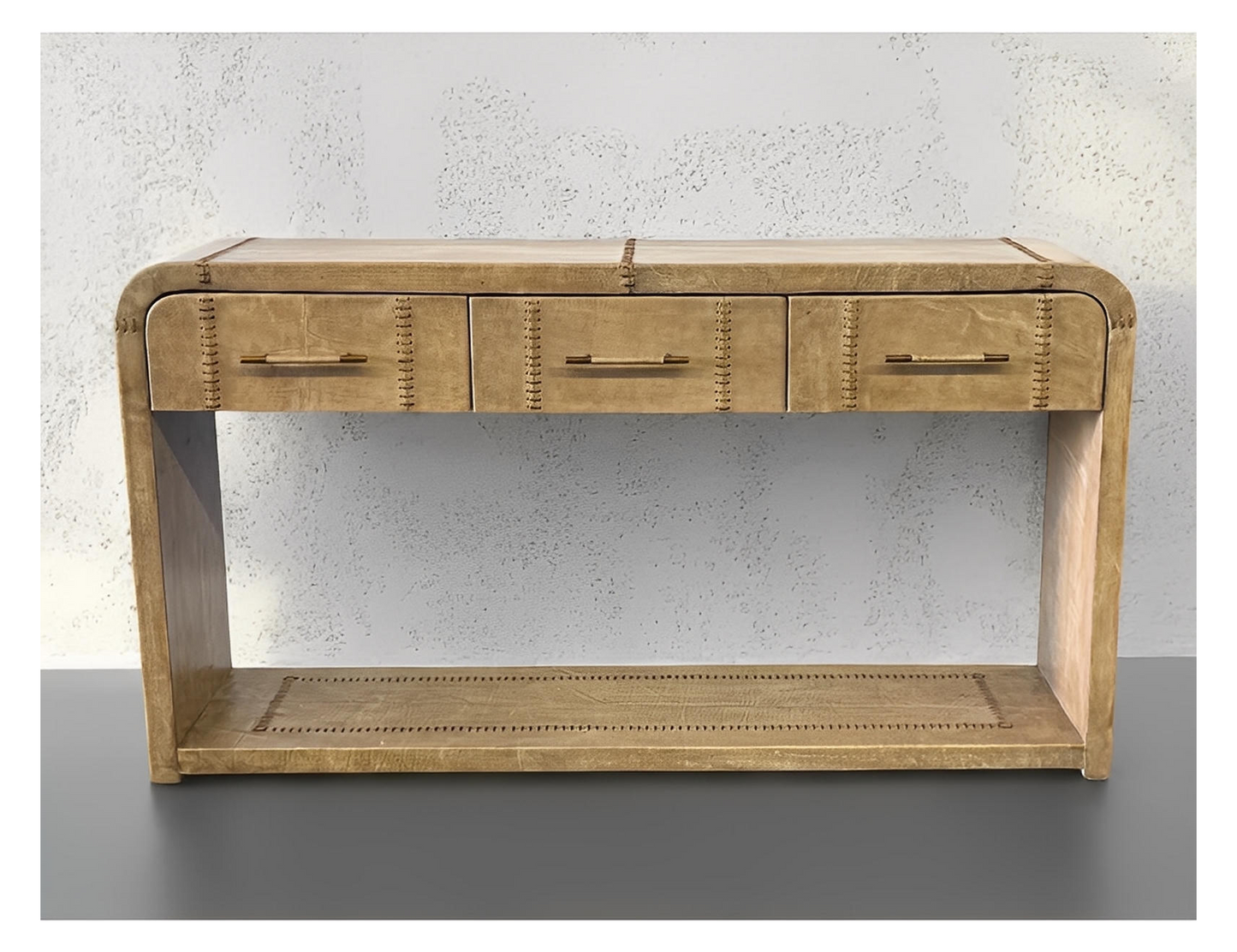 Saint-Junien Console Table, Antique Gold Finish, Hand Stitched Leather Trim, Four Small Drawers