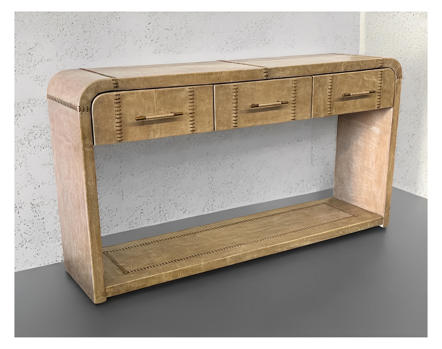 Saint-Junien Console Table, Antique Gold Finish, Hand Stitched Leather Trim, Four Small Drawers