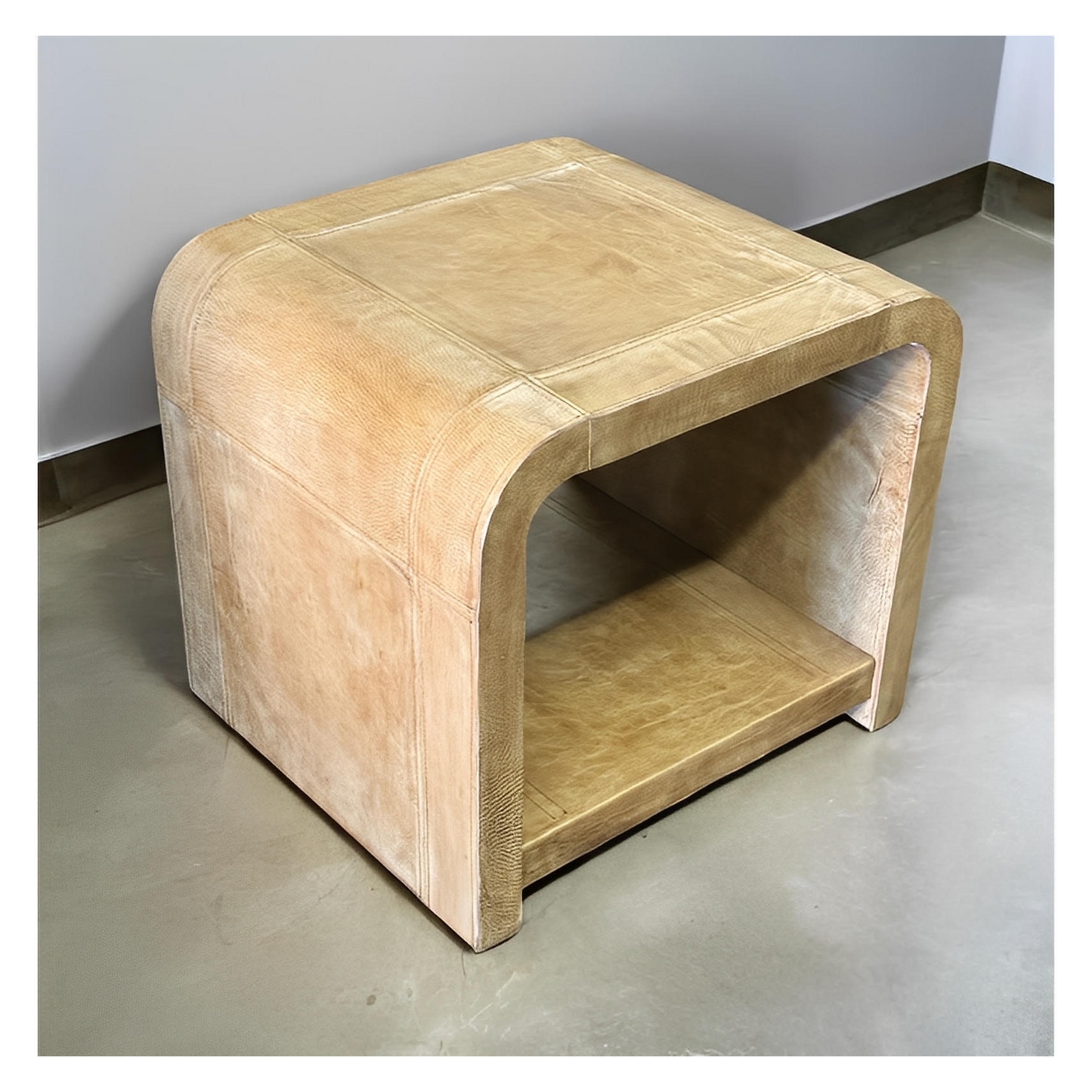 Les Vans End Tables (2-Pack), Tan Leather, Curved Arch Frame With Lower Shelf