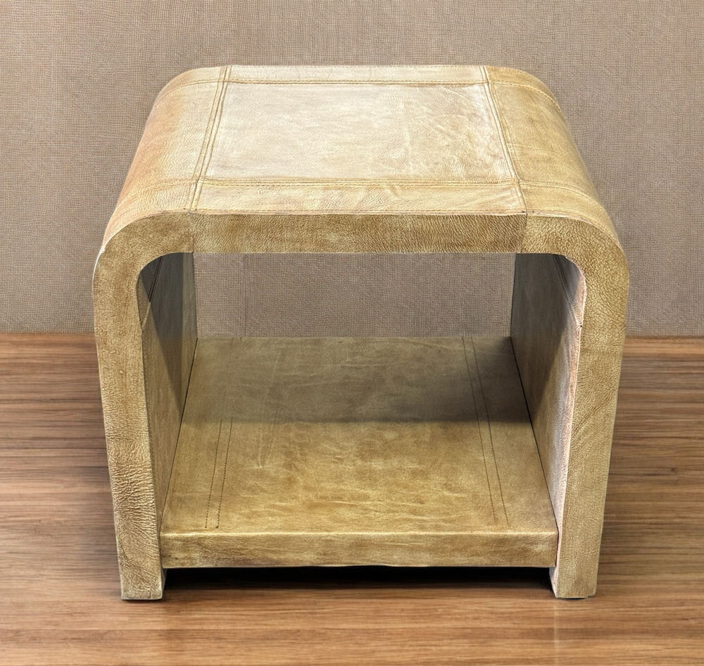 Les Vans End Tables (2-Pack), Tan Faux Leather, Curved Arch Frame With Lower Shelf