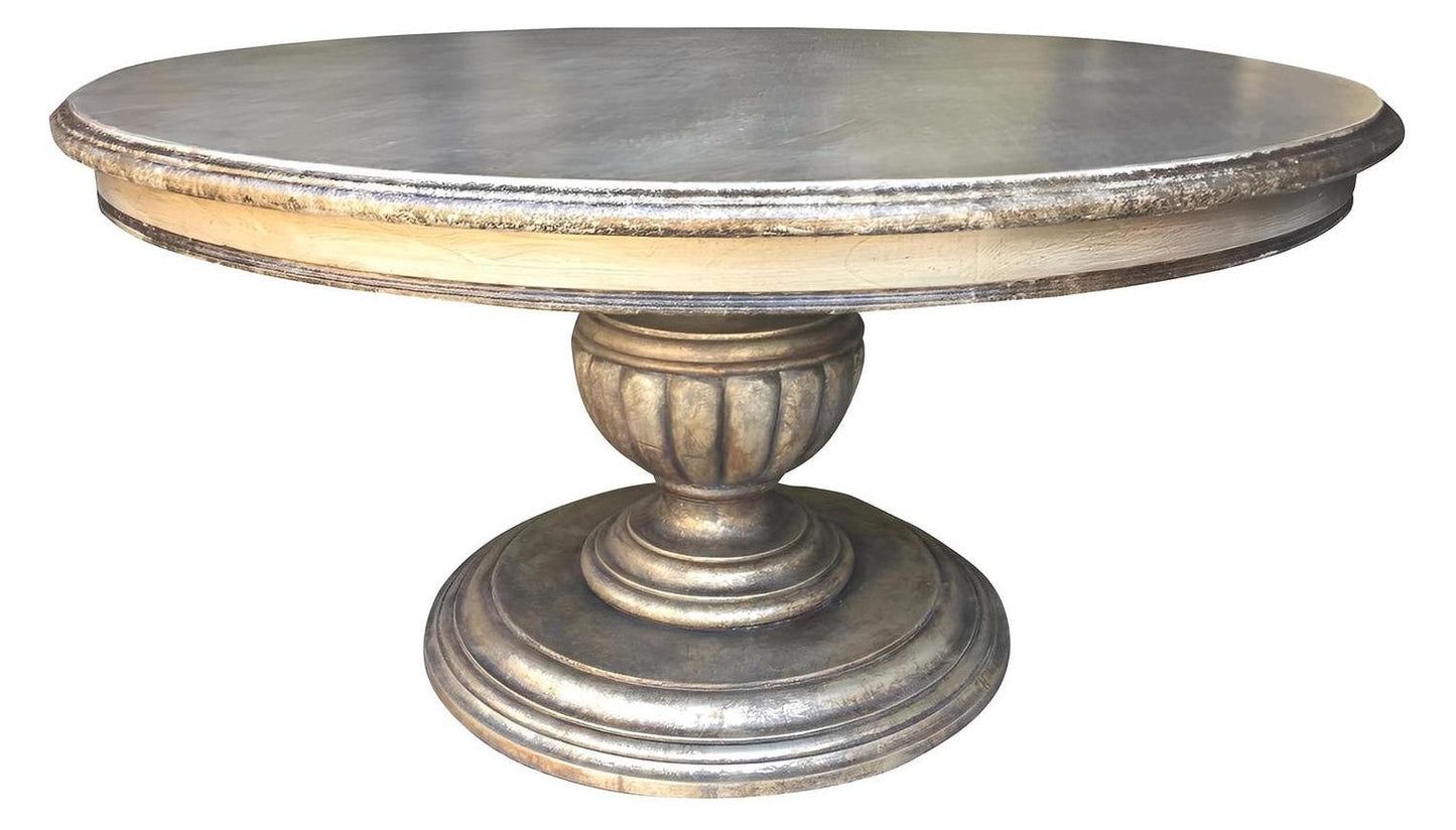 Château-Chalon Dining Table - Round, Antique Silver, Distressed Fluted Pedestal