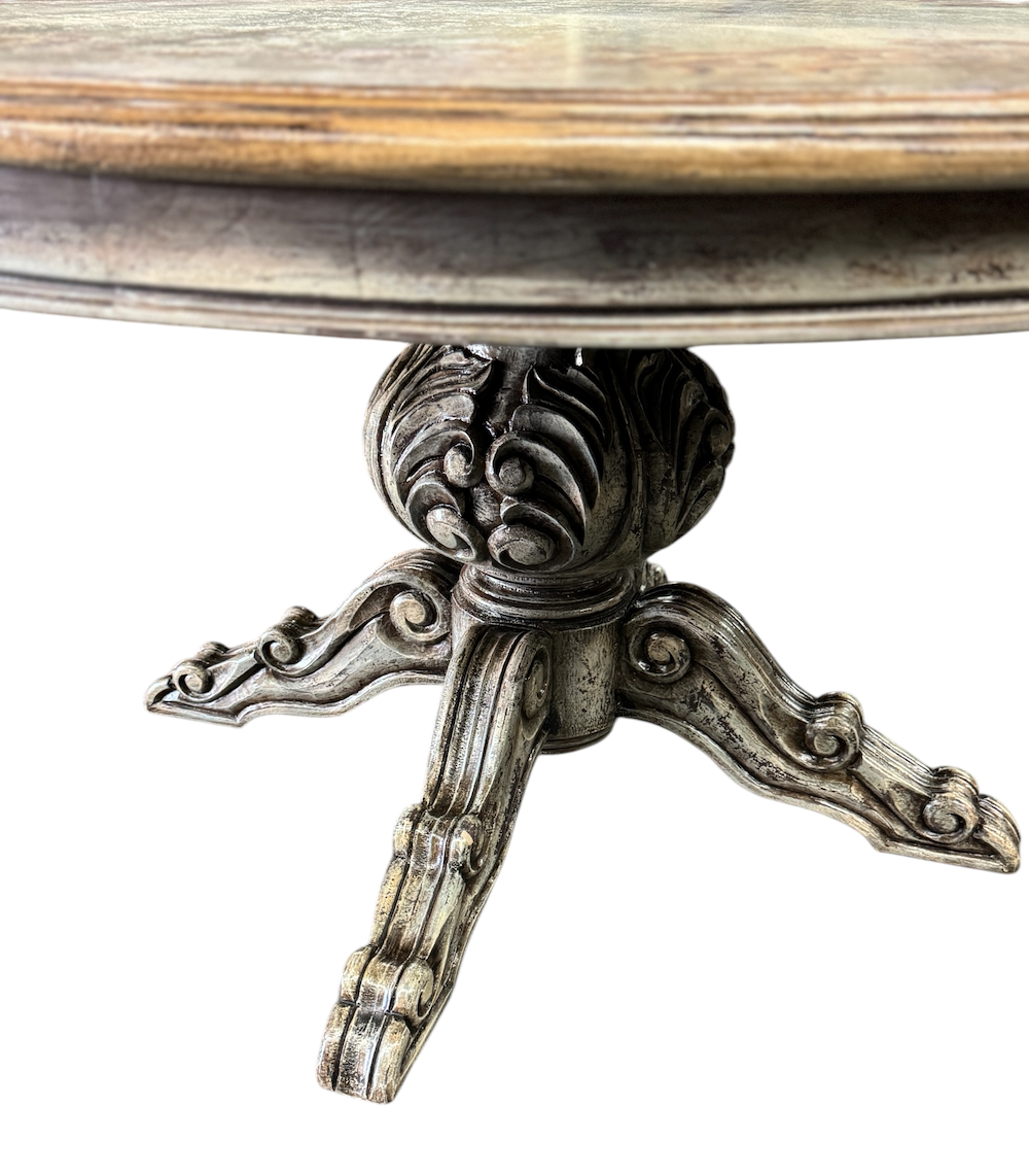 Barjac Dining Table - Round, Distressed Antique White Finish With Weathered Top And Intricately Carved Pedestal Base