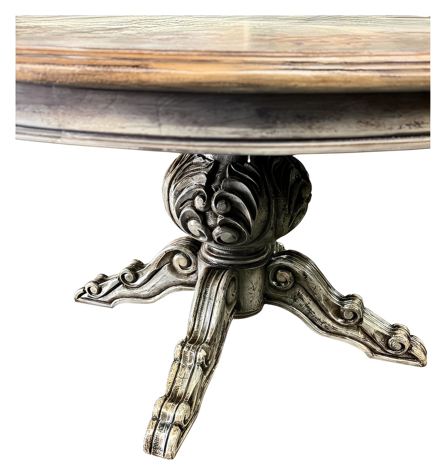 Barjac Dining Table - Round, Distressed Antique White Finish With Weathered Top And Intricately Carved Pedestal Base