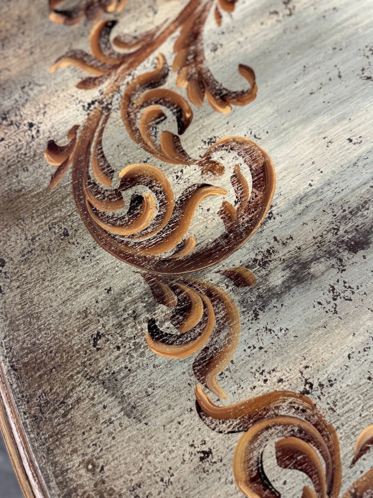 Barjac Dining Table - Round, Distressed Antique White Finish With Weathered Top And Intricately Carved Pedestal Base