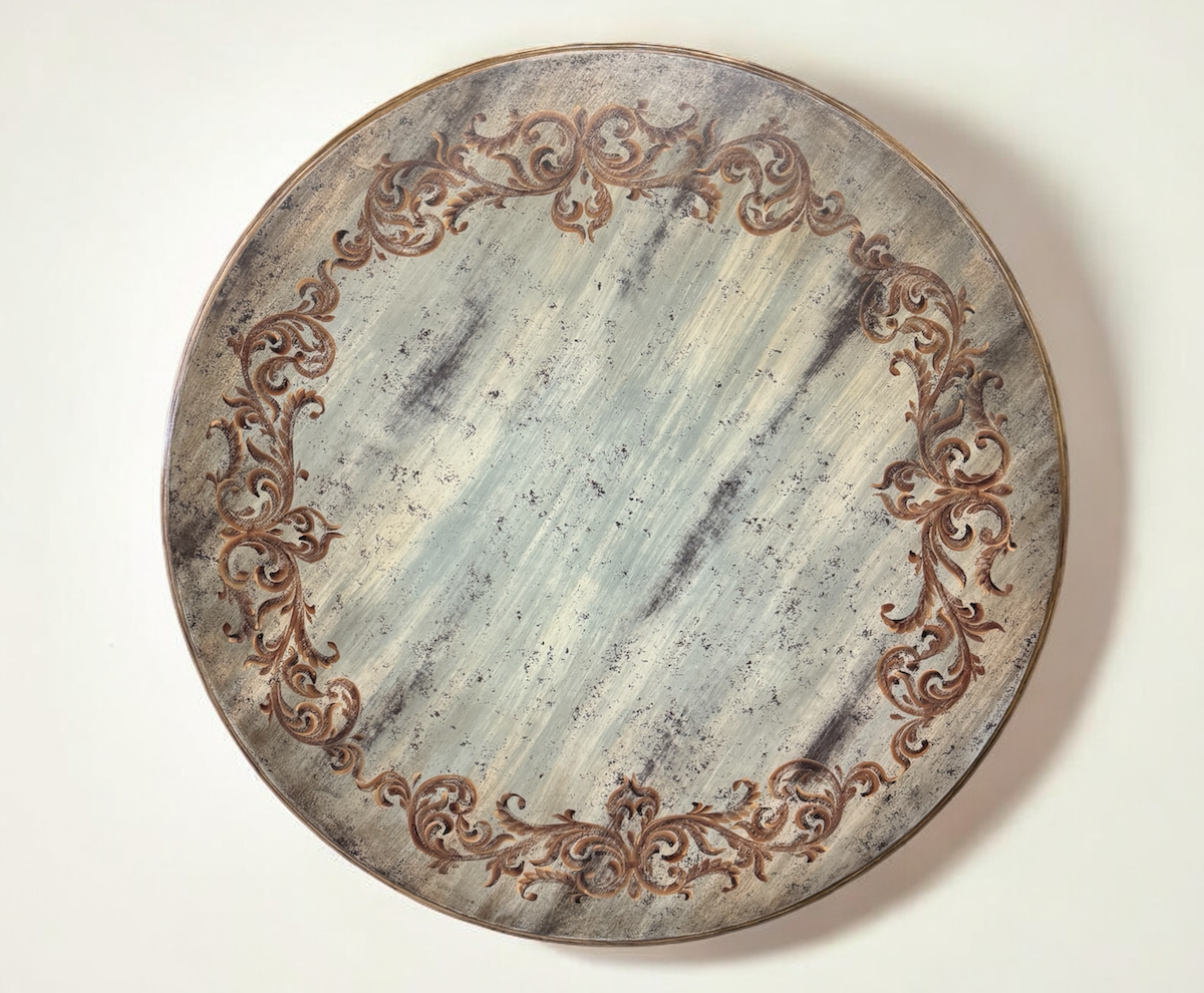 Barjac Dining Table - Round, Distressed Antique White Finish With Weathered Top And Intricately Carved Pedestal Base