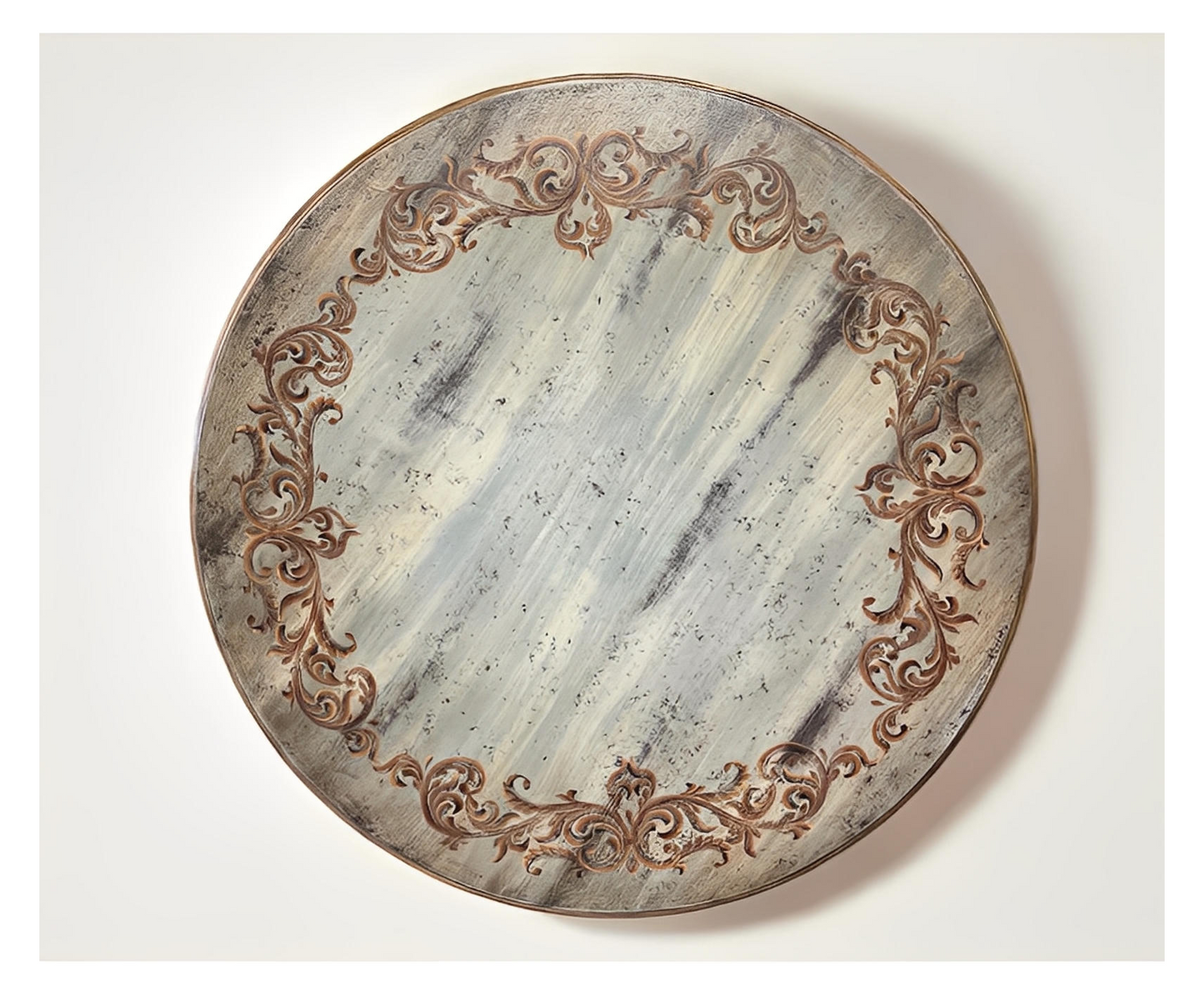 Barjac Dining Table - Round, Distressed Antique White Finish With Weathered Top And Intricately Carved Pedestal Base