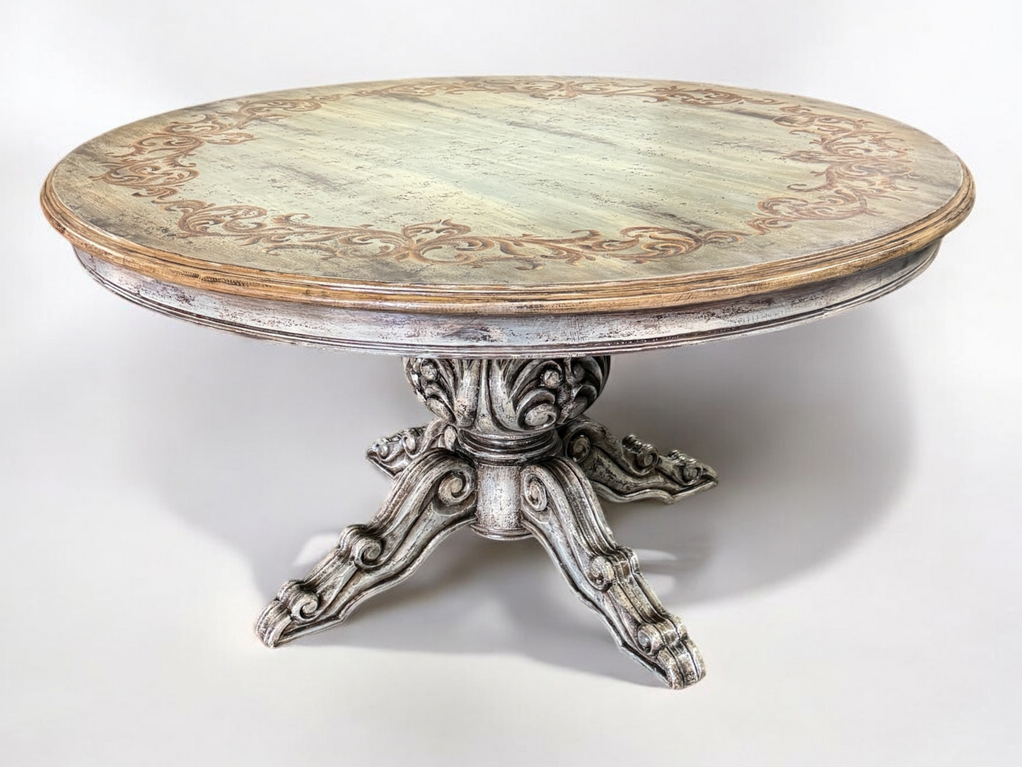 Barjac Dining Table - Round, Distressed Antique White Finish With Weathered Top And Intricately Carved Pedestal Base