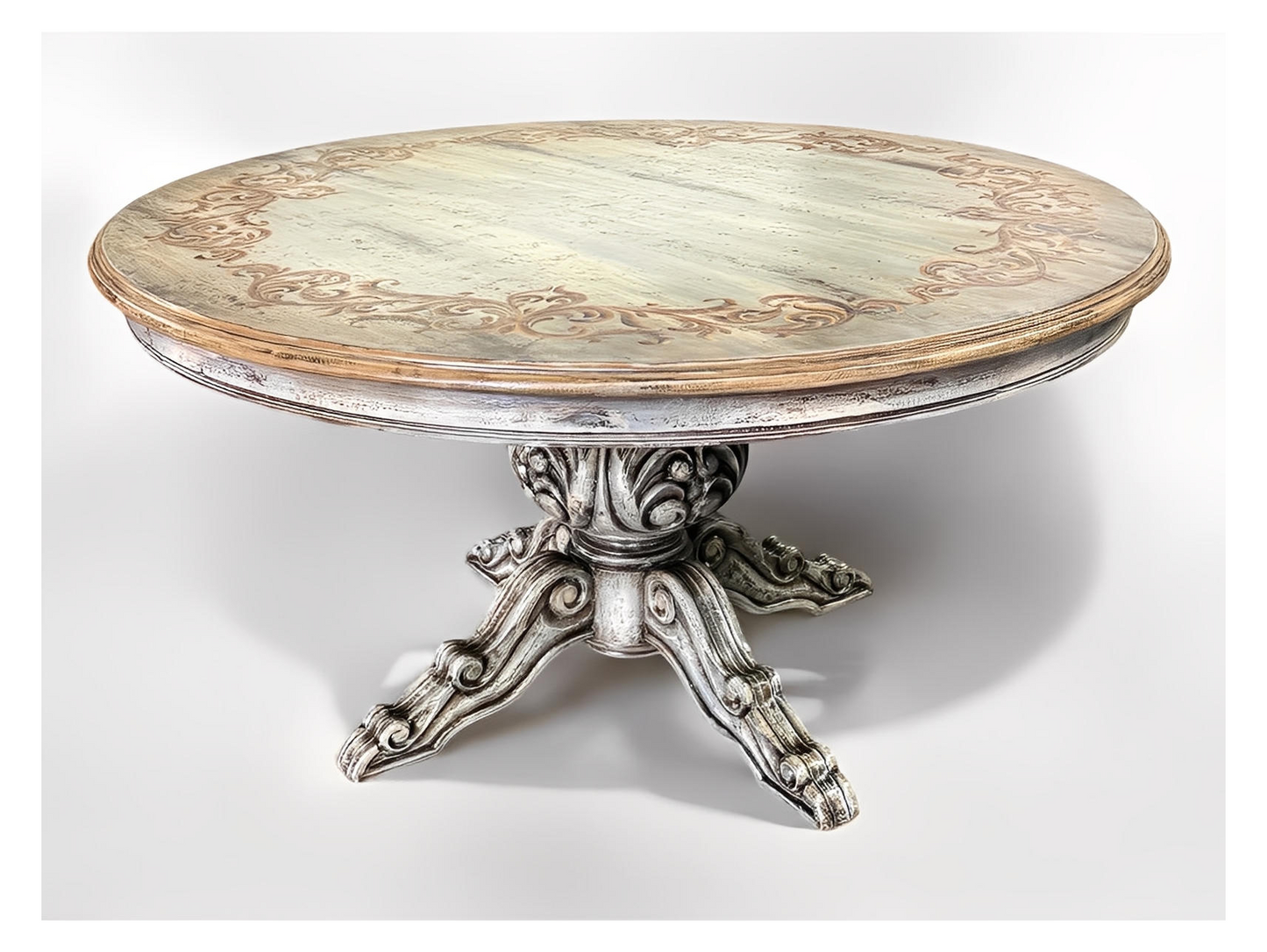 Barjac Dining Table - Round, Distressed Antique White Finish With Weathered Top And Intricately Carved Pedestal Base