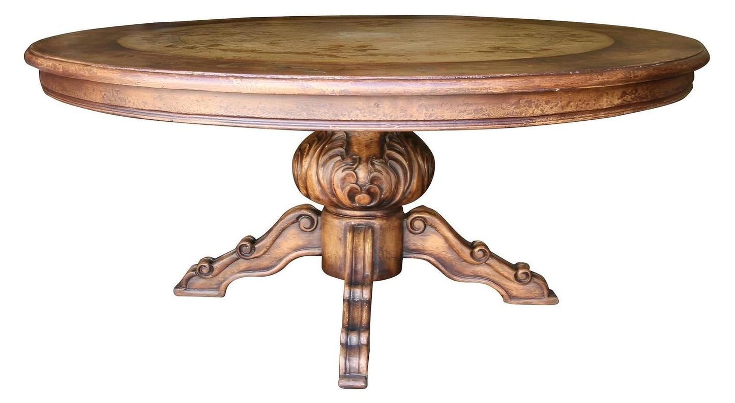 Carennac Dining Table - Round, Antique Brown, Intricately Carved Pedestal With Acanthus Leaf Motif