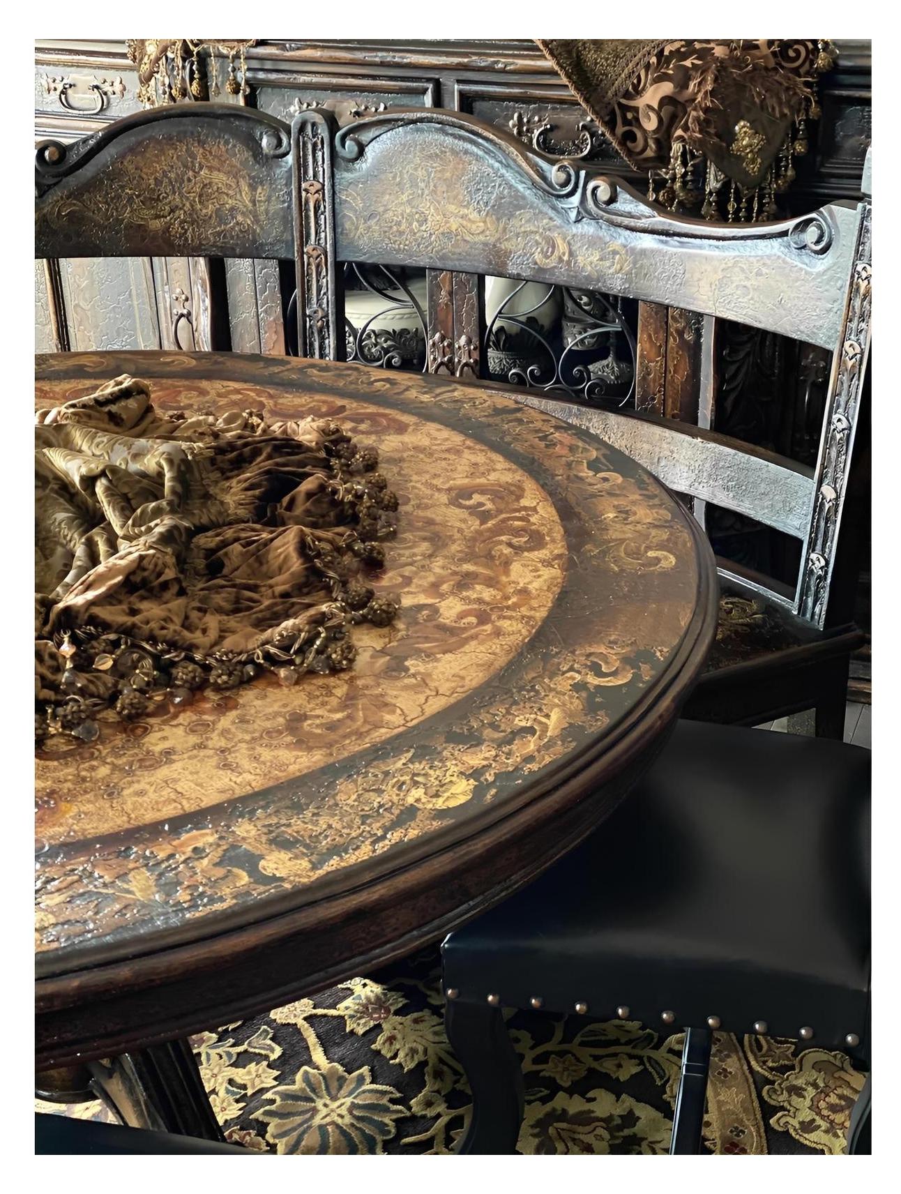 Besse-sur-Issole Dining Table - Round, Espresso, Ornate Carved Pedestal With Mosaic Inlay Top