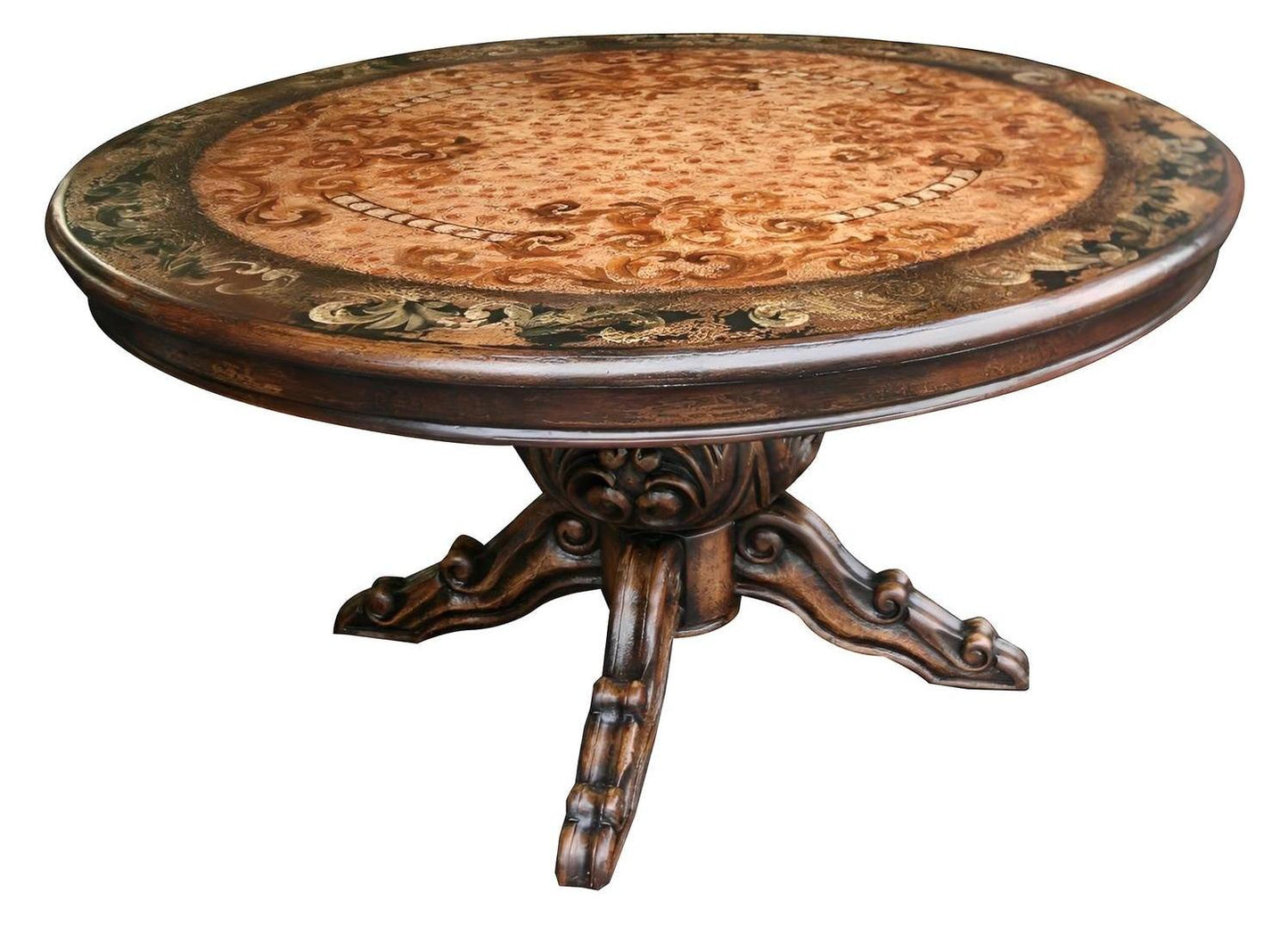 Besse-sur-Issole Dining Table - Round, Espresso, Ornate Carved Pedestal With Mosaic Inlay Top
